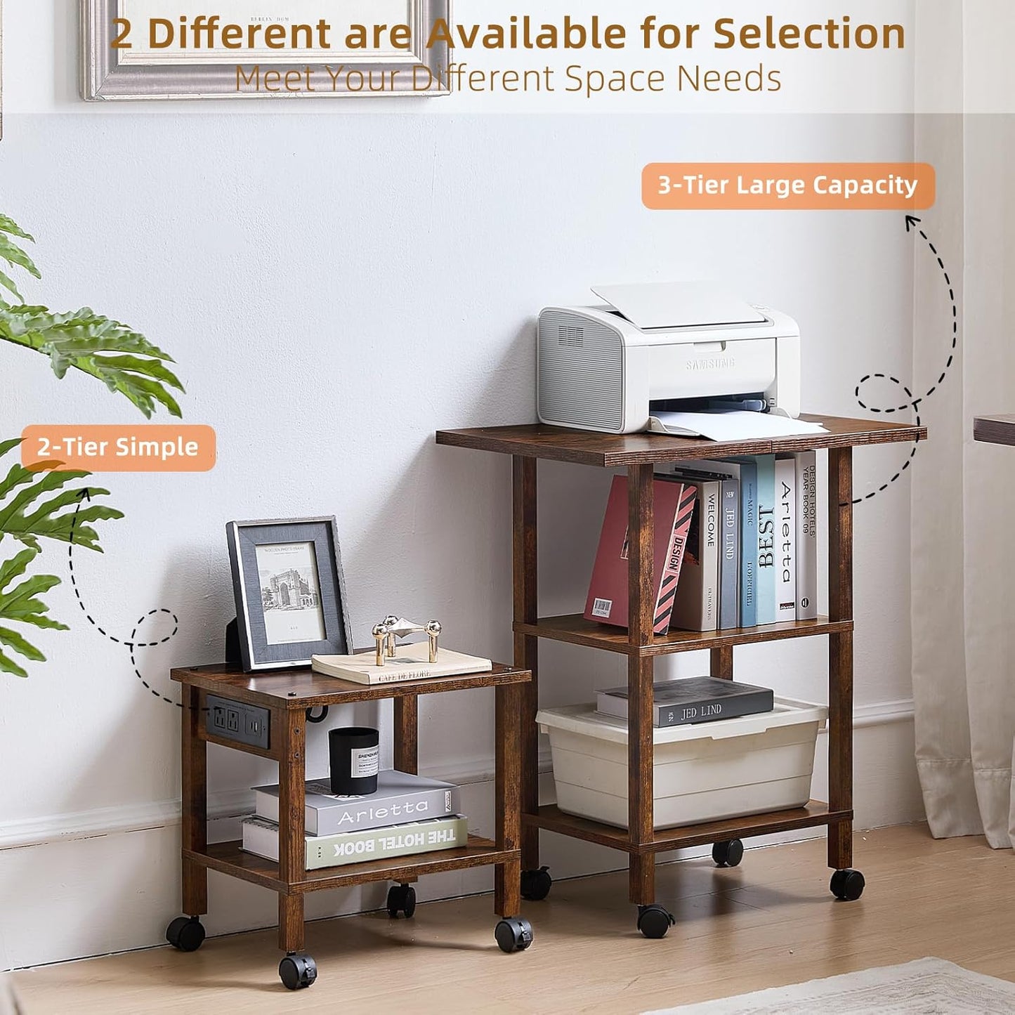 Lerliuo Under Desk Printer Stand with Charging Station, 2 Tier Wooden Small Printer Table with Storage, Rolling Printer Cart Shelf with Lockable Wheels for Home, Office (Brown)