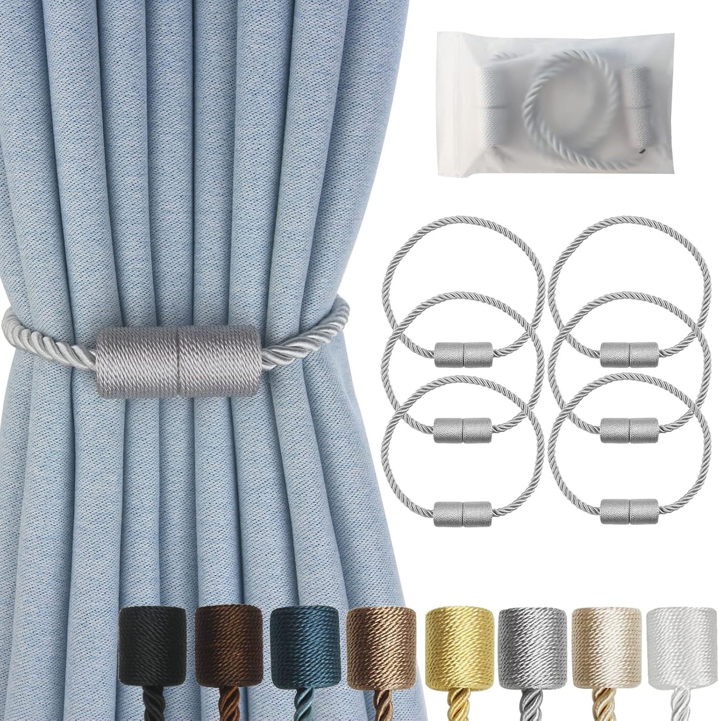 Magnetic Curtain Tiebacks 6 Pack Grey Curtain Rope Tieback Curtain Holders for Drapes Modern Tie Backs Decorative Curtain Holdbacks