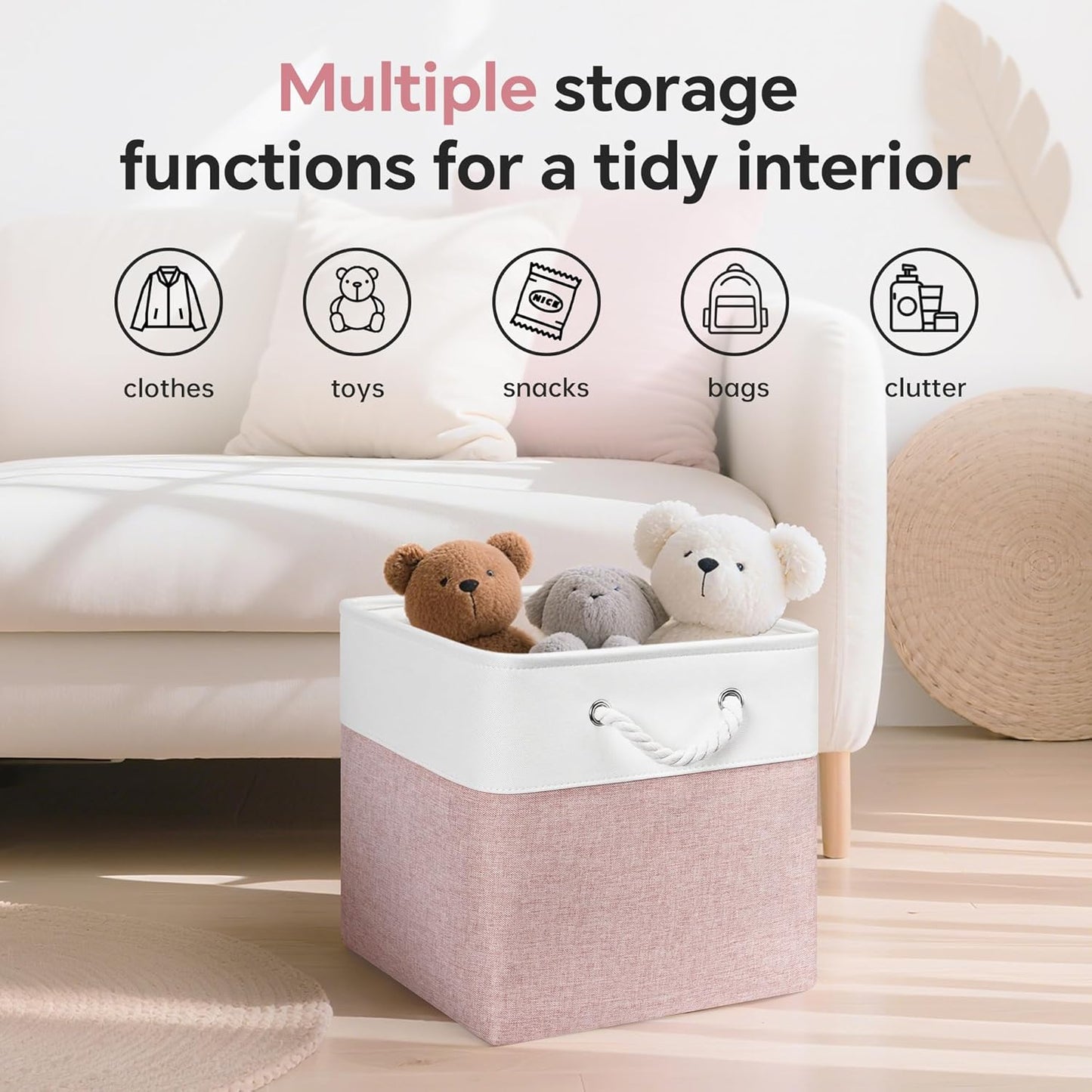 13x13 Inch Cube Storage Bins with Reinforced Bottom Cardboard, 6 Pack Large Collapsible Fabric Storage Cubes with Handles for Shelf, Closet, Toy, Laundry Organization (White&Pink)