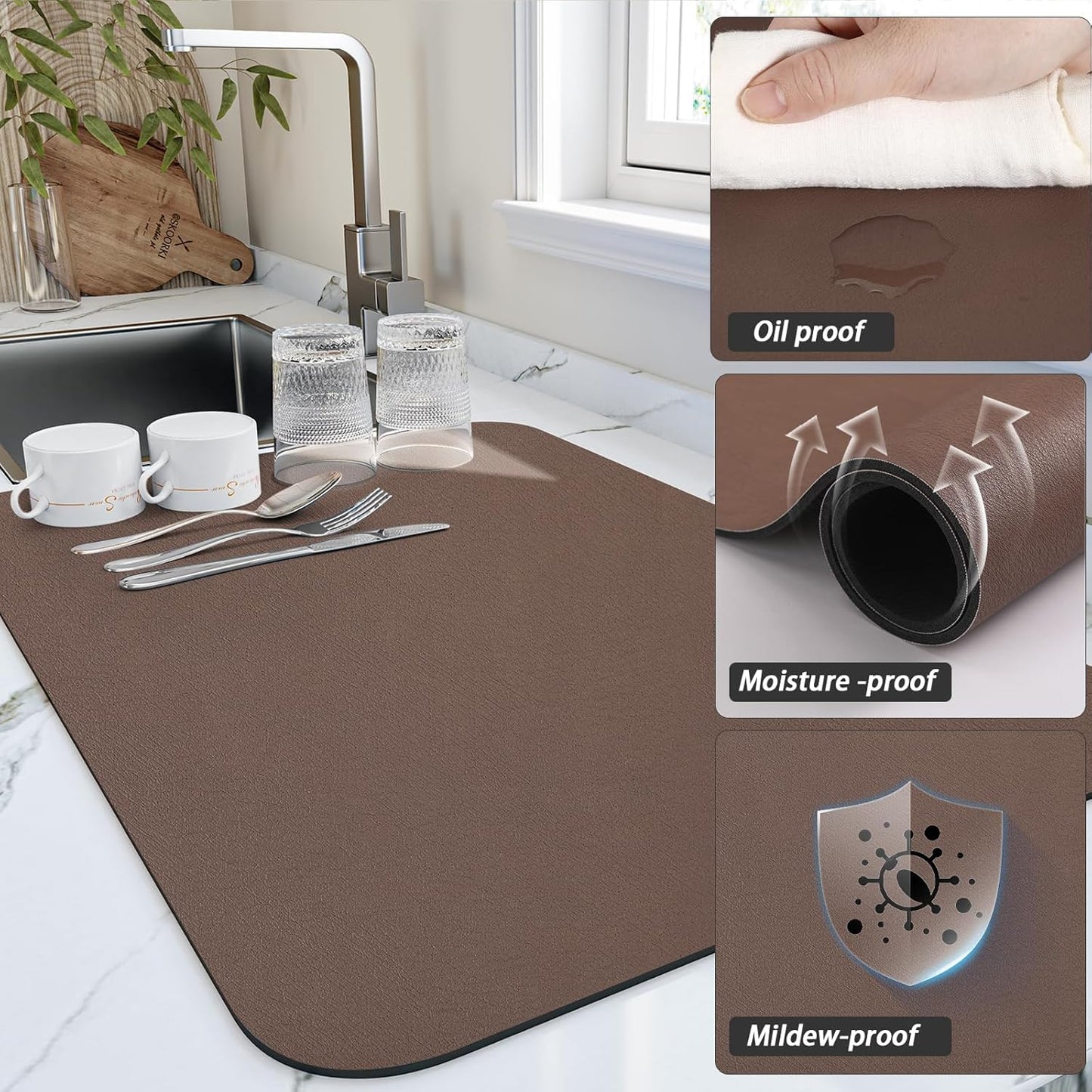 Dish Drying Mat for Kitchen Counter, Heat Resistant Drainer Mats with Non-slip Rubber Backed, Hide Stain Kitchen Super Absorbent Draining Mat, Easy to Clean Dish Rack Pad, Brown 18"x32"