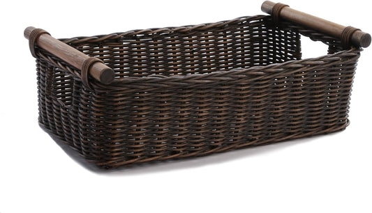 The Basket Lady Low Pole Handle Wicker Storage Basket, Medium, 17 in L x 10.5 in W x 5.5 in H, Antique Walnut Brown