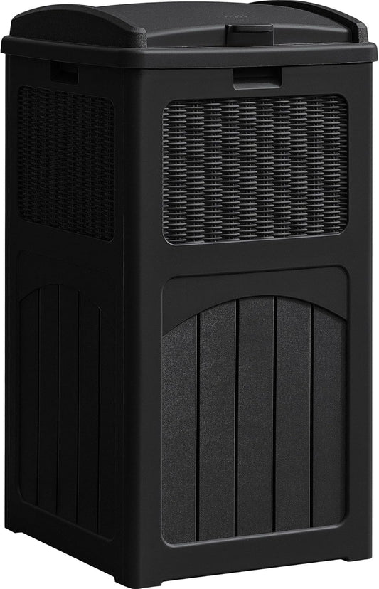 YESHOMY 33 Gallon Resin Outdoor Trash Can with Lid, Hideaway Waterproof Patio Garbage Bin, Black