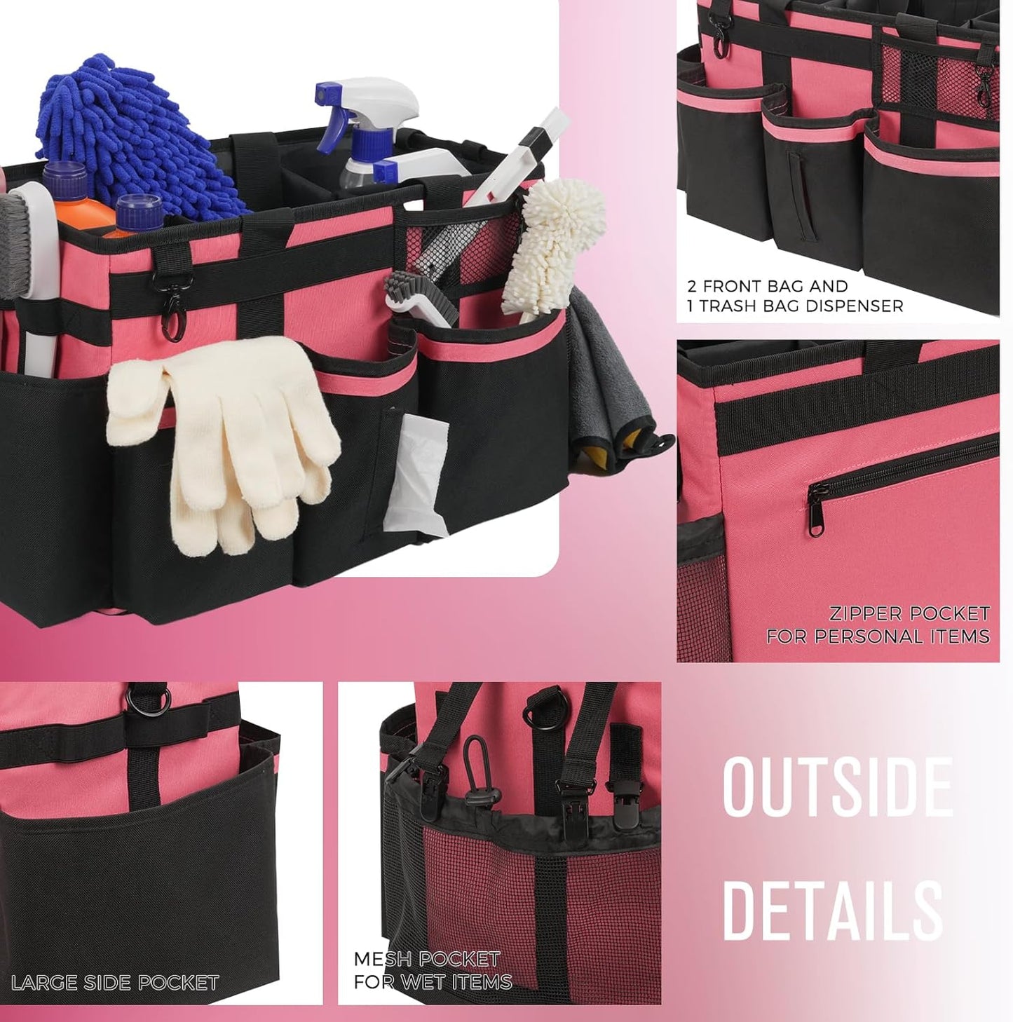 Wearable Cleaning Caddy, Cleaning Caddy Supplies Organizer with Handle & Shoulder Straps for Housekeepers, Under Sink & Car Cleaning Tool Organizers Bag with 4 Foldable Divider (OleanderRed)