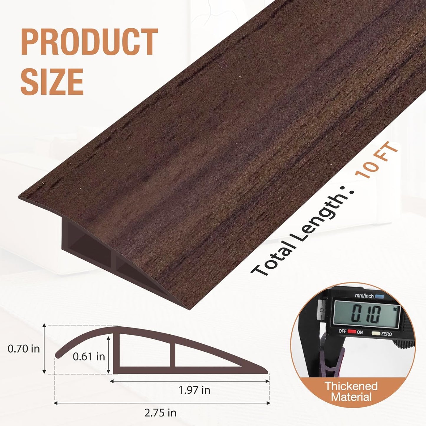 Floor Transition Strip Self Adhesive Vinyl Door Threshold for Doorways Carpet Edging Trim Overlap Edge Reducer for Laminate Floor, Carpet, Tile (Deep Brown Wood Grain, 2/5" to 3/5", 10Ft)