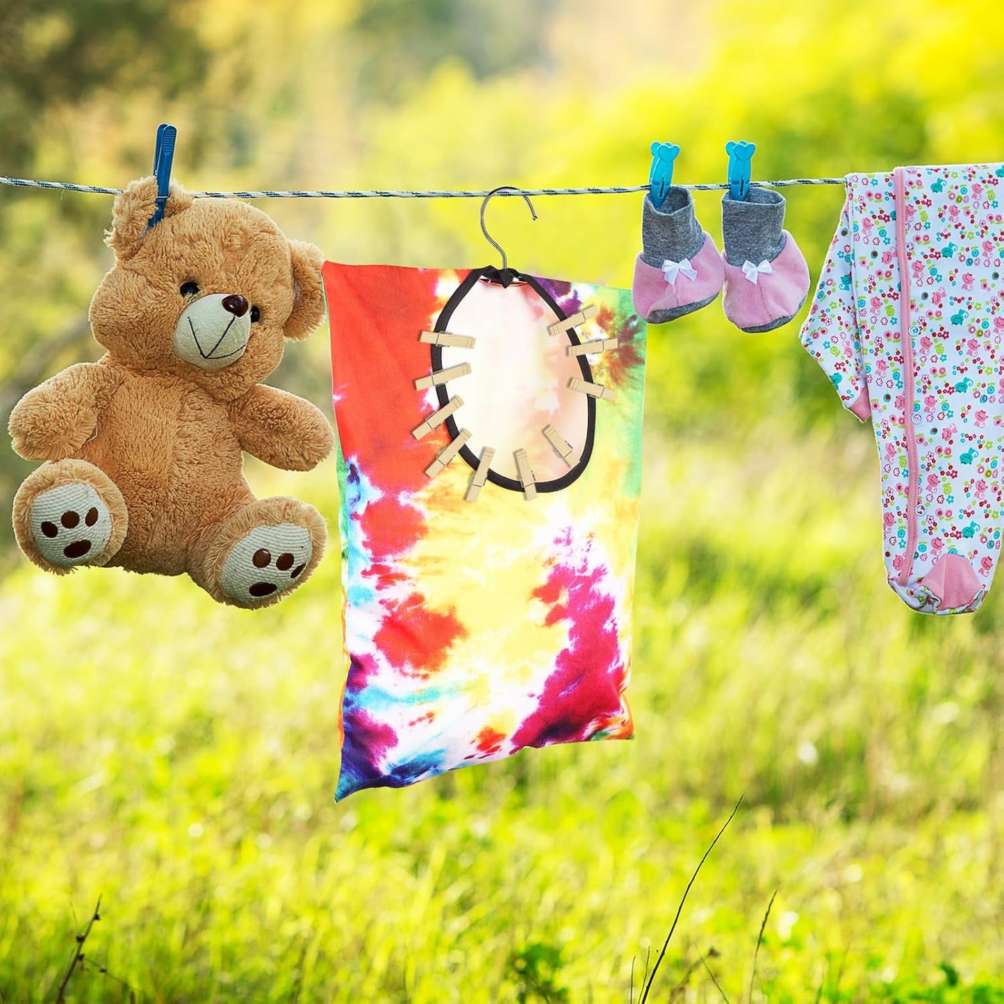 YLOLUL 2 Pcs Tie Dye Clothes Pin Bag with Hanging Hook, 15 x 11 Inch, Multicolor, Canvas & Polyester, Water Resistant, Clothespin Organizer Bag