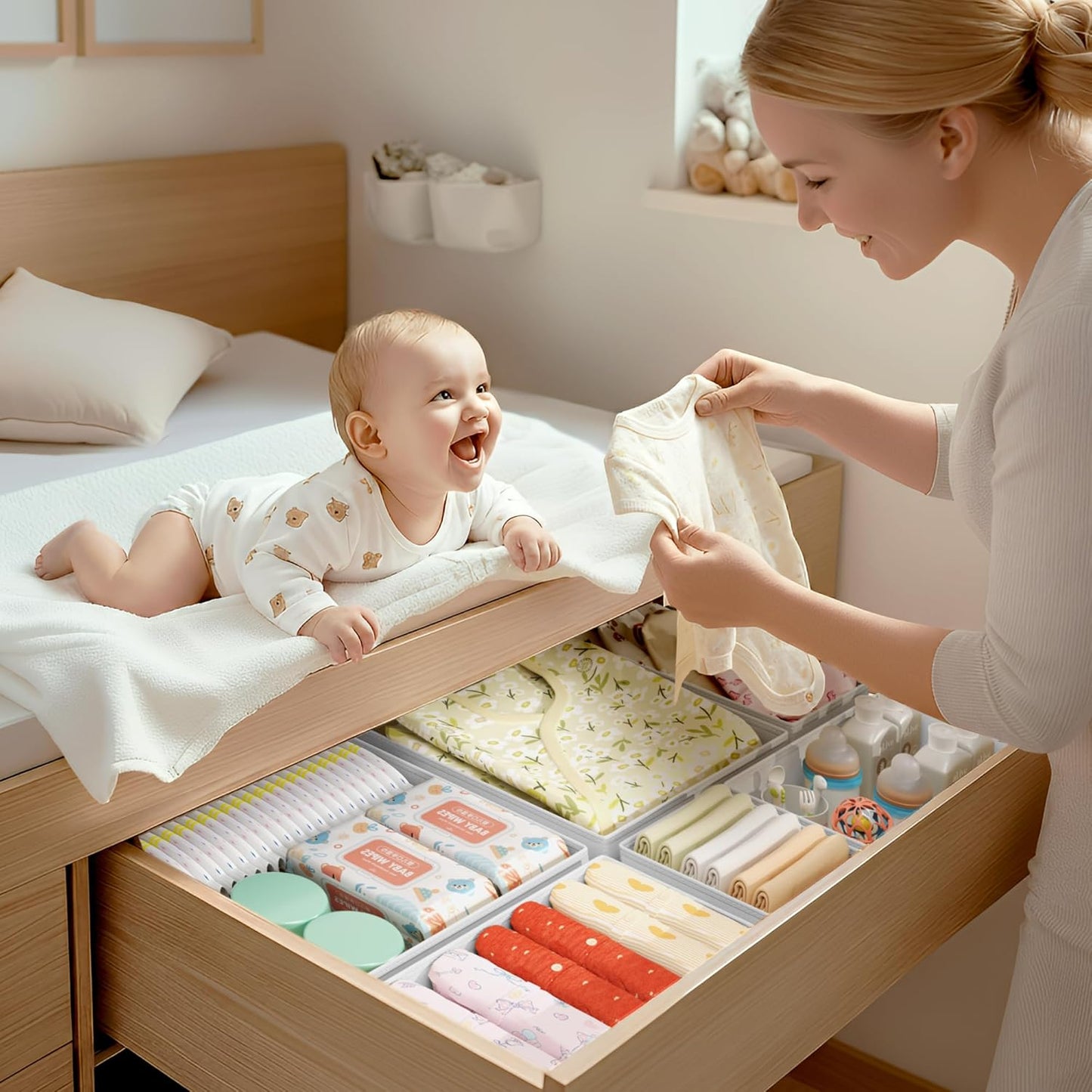 DIMJ Drawer Organizer Clothes - 16 Pack Baby Dresser Organizer for Nursery, Foldable Drawer Organizer Bins for Closet Bedroom Organization, Fabric Clothes Storage Dividers for Underwears, Socks, Bras