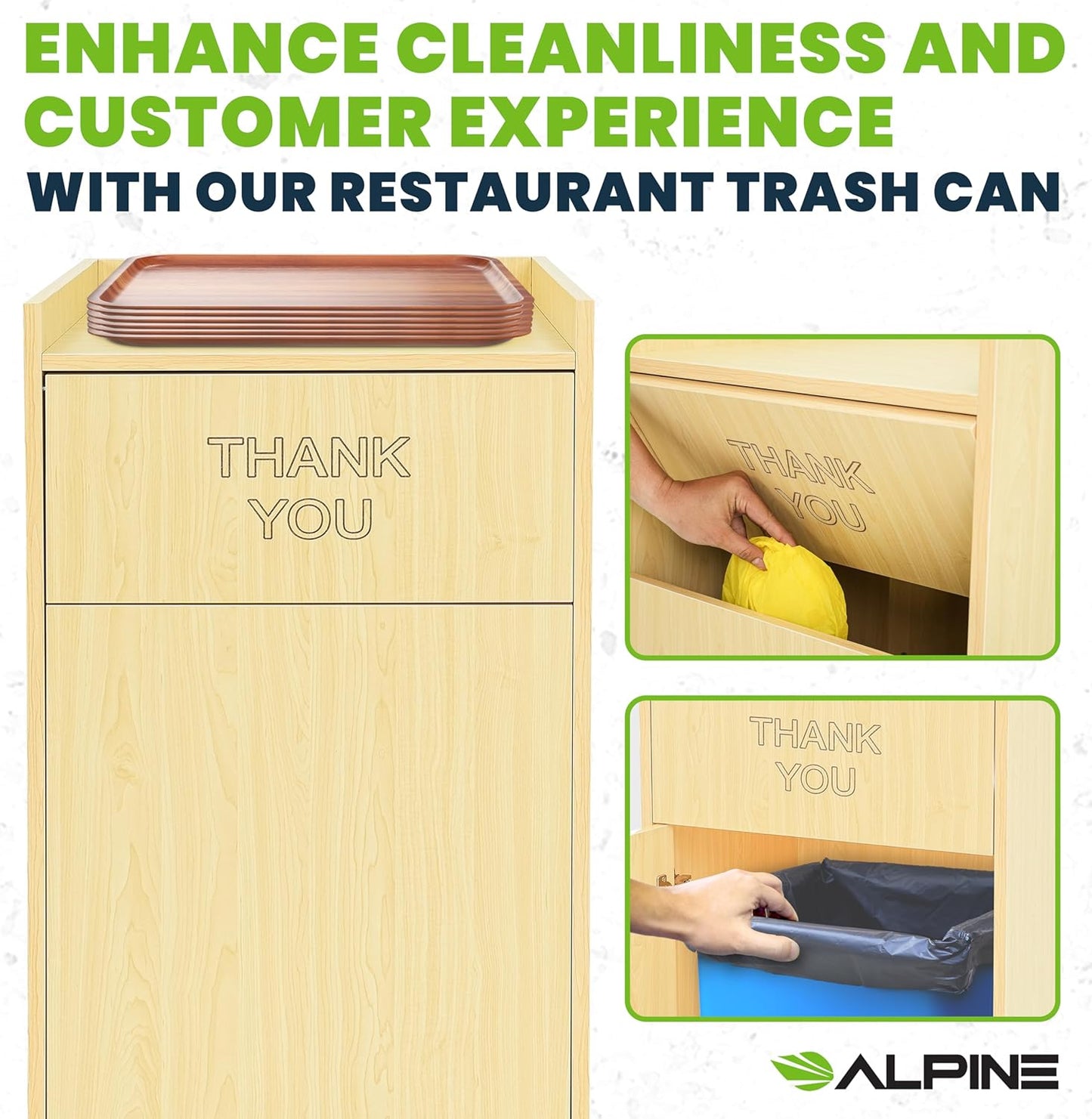 Alpine Restaurant Trash Can Cabinet with Tray Holder - Thank You Trash Can, Commercial 40 Gallon Garbage Can Cabinet for Restaurants, Cafeterias (Oak)