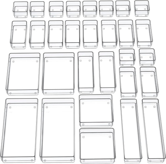 SMARTAKE 30-Piece Drawer Organizer with Non-Slip Silicone Pads, 7-Size Desk Drawer Organizer Trays Storage Tray for Makeup, Jewelries, Utensils in Bedroom Dresser, Office and Kitchen (Clear)