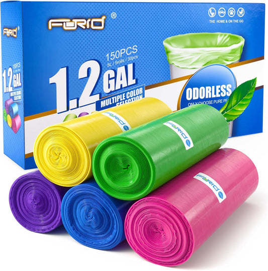 FORID Small Trash Bags 1.2 Gallon Colored - Extra Thick Mini Garbage Bags Unscented,Strong Plastic Wastebasket Liners for Bathroom Bedroom Office and Car,150 Bags Multi Colored