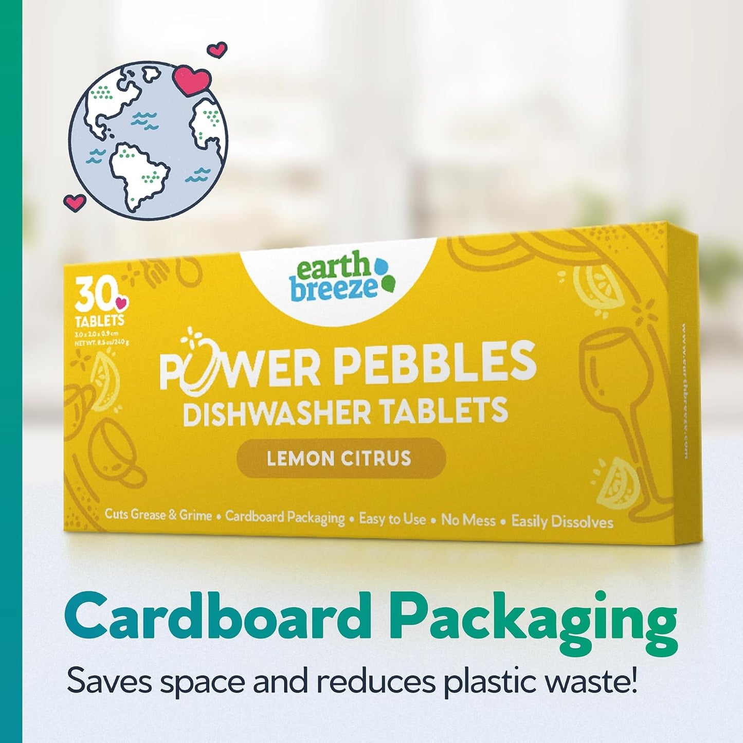 Earth Breeze Power Pebbles Dishwasher Tablets, Tough on Grease, Gentle on Dishes, Lemon Citrus Dish Detergent & Dishwasher Cleaner, Kitchen Cleaning Supplies for Sparkling Results, 90 Tabs (3-Pack)