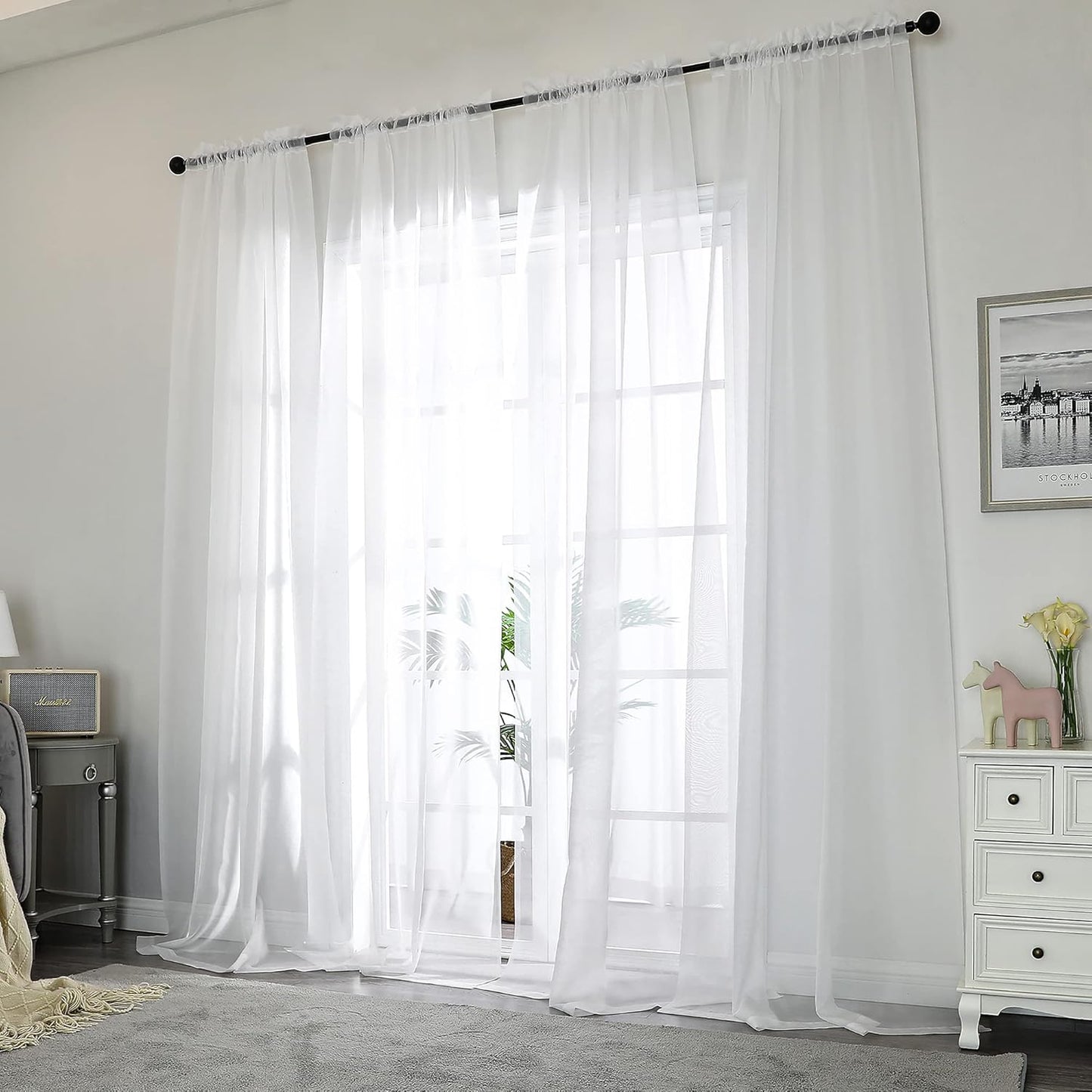 Chyhomenyc White Sheer Curtains 96 inches Long 2 Panels Set, Light Filtering Airy Solid Voile Window Treatment Drapes for Bedroom Living Room, Each 42Wx96L, 8FT Long, Set of 2, White