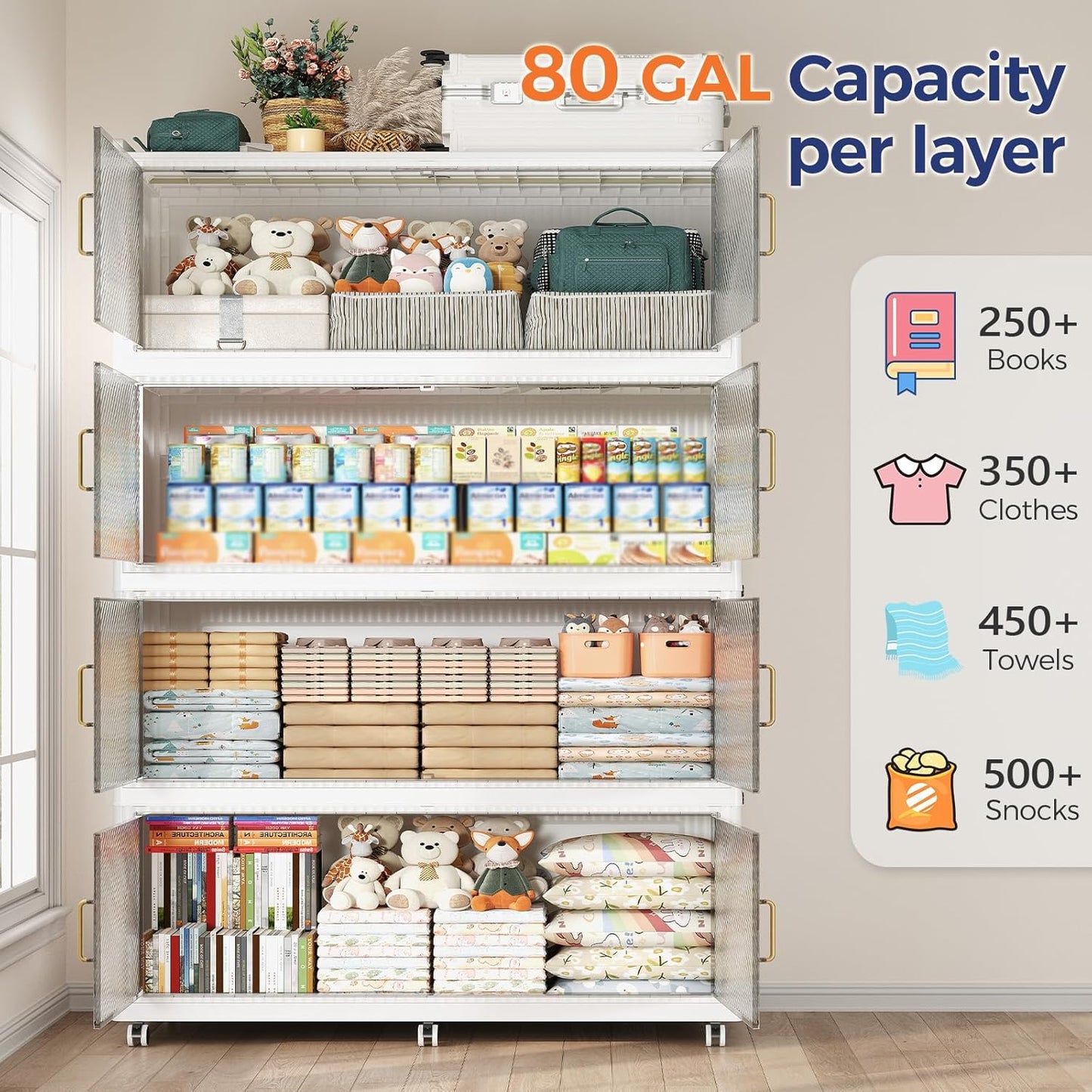 320GAL Extra Large Storage Bins with Lid, 1280QT Collapsible Organizer with Wheels, Stackable Closet Cabinet with Doors, Folding Storage Containers for Home, Office, Dorm, 3Pack White