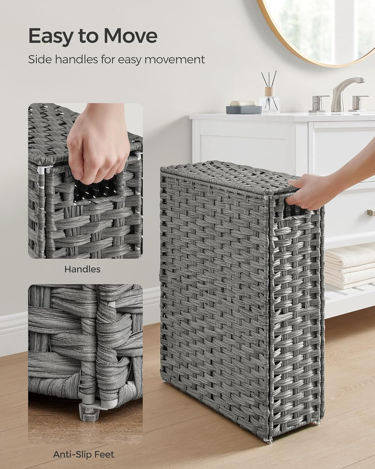 SONGMICS Slim Laundry Hamper with Lid, 14.5 Gallon (55L) Rattan Clothes Laundry Basket with Lid and Handles, Foldable, Removable Liner, Dove Gray ULCB164G01