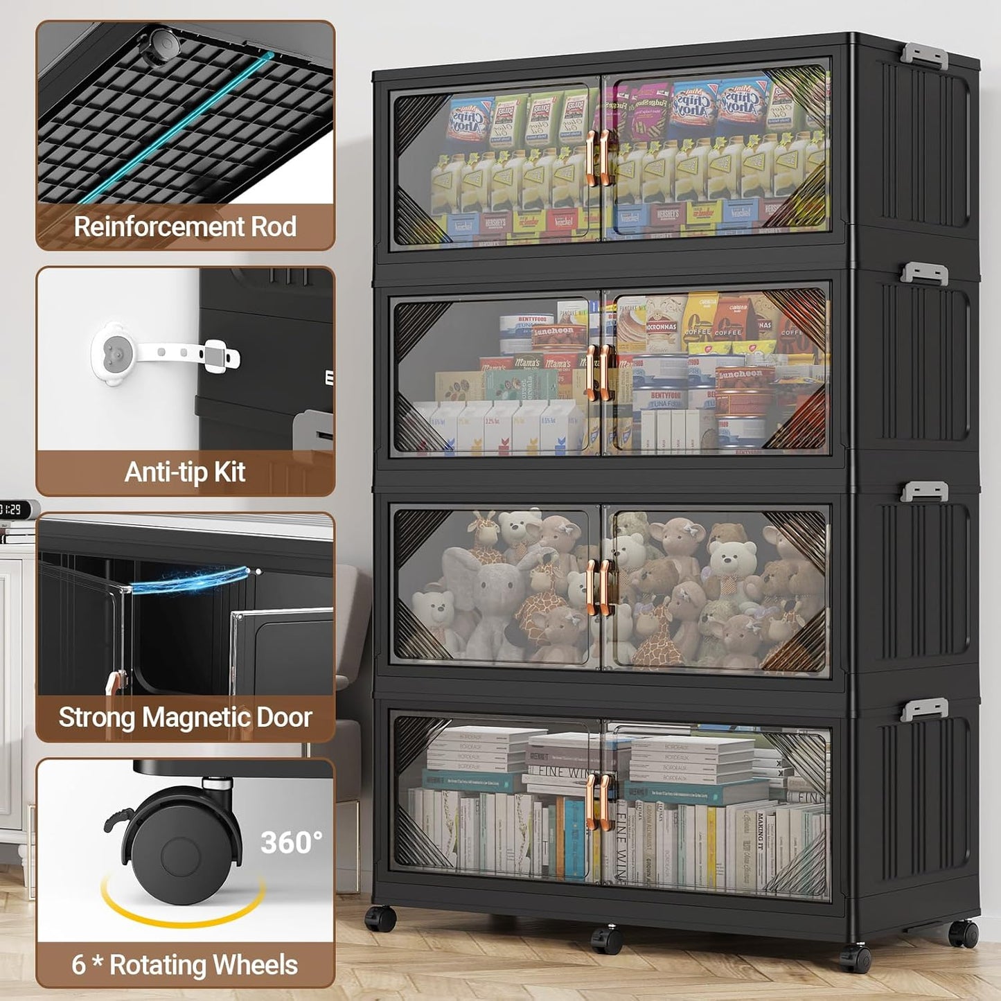 165Gal Plastic Stackable Storage Bins with Lid, 660QT Extra Large Closet Organizers Collapsible Cabinets Boxes With Drawers, Foldable Containers with 6x Wheels for Home Kitchen, V60 3Pack Black
