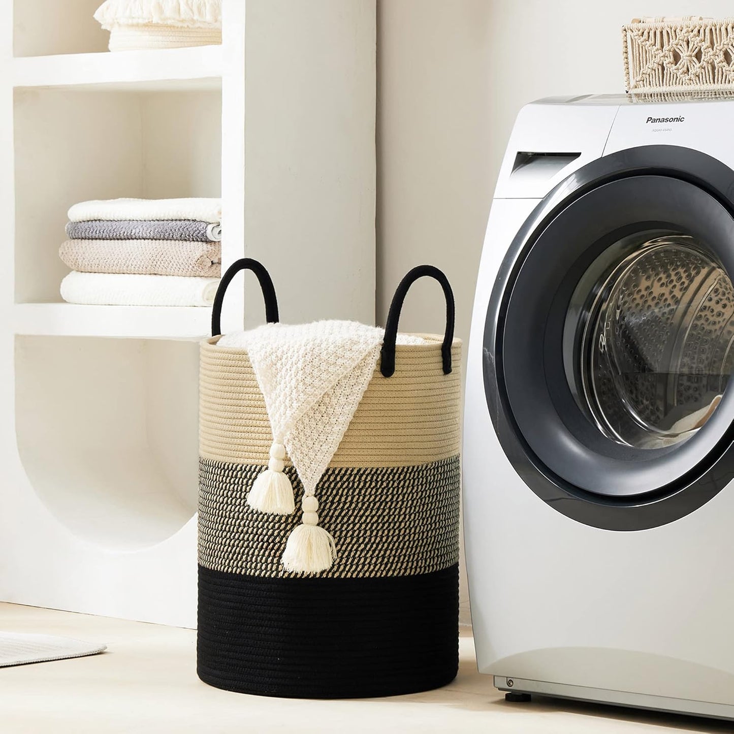 YOUDENOVA Woven Rope Laundry Hamper Basket, 72L Tall Luandry Basket, Baby Nursery Hamper for Blanket Storage, Clothes Hamper for Laundry in Bedroom-Large-Black & Brown