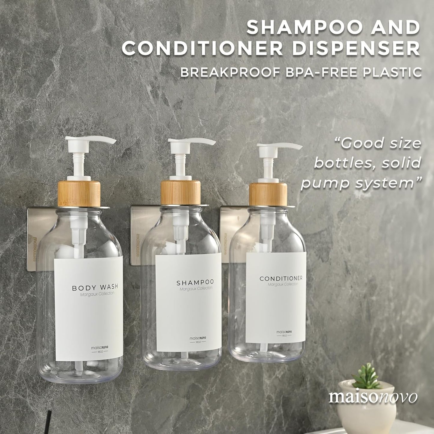 MaisoNovo Shampoo and Conditioner Dispenser - Shower Soap Dispenser Wall Mounted - 16.9 fl oz Set of 3 Clear Plastic Bottles White Bamboo Pump - Shampoo Dispenser, Shower Dispenser 3 Chamber No Drill