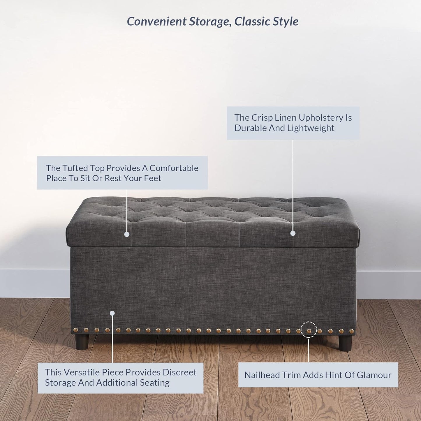 BELLEZE 35" Tufted Ottoman, Storage Bench with Safety Close Hinge, Ottoman with Storage for Living Room, Entryway, Hallway, Foot Rest, Support 300lbs - Dark Grey
