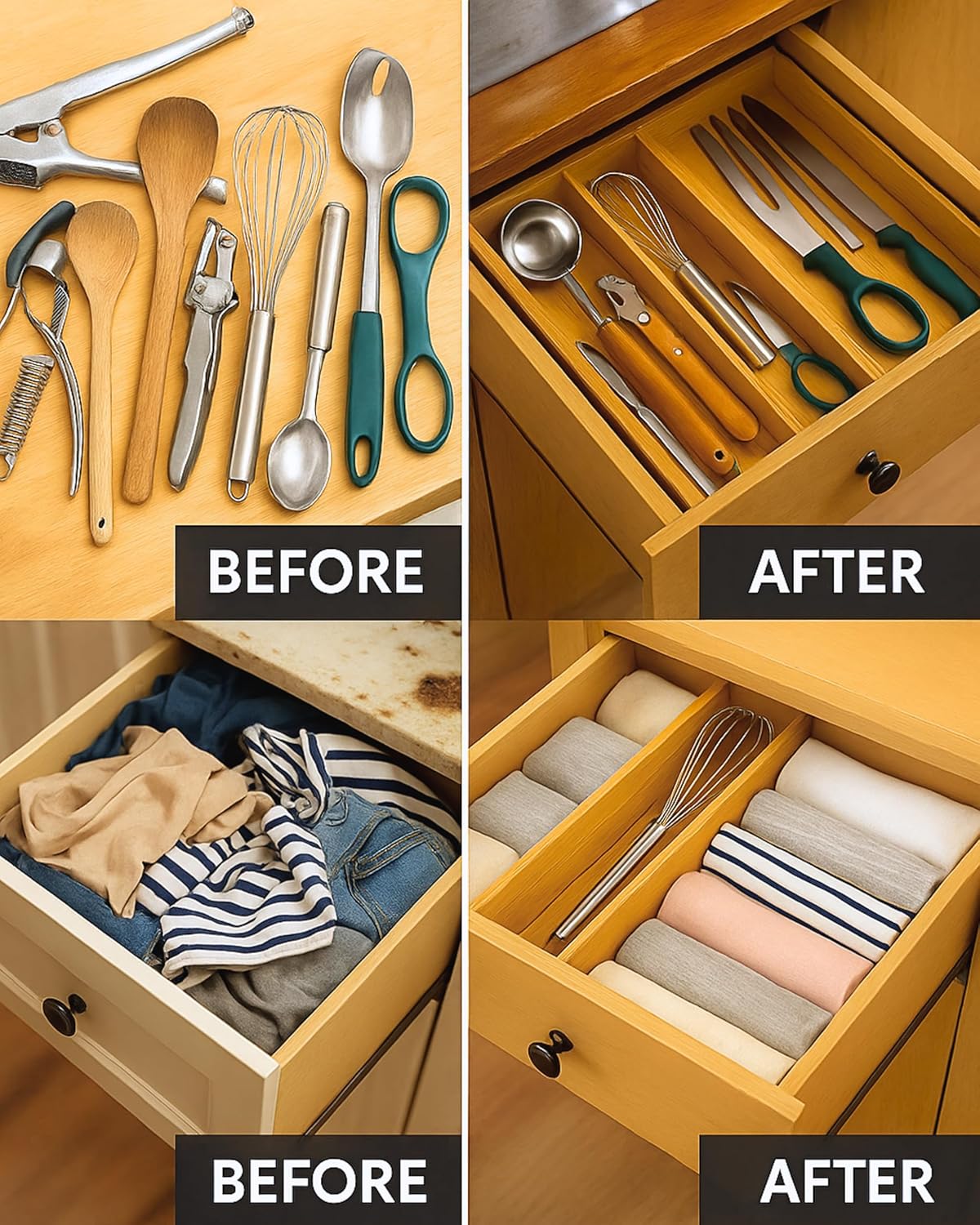 4 Pcs Bamboo Kitchen Drawer Dividers Large 14"-19", Spring Loaded, Works in Kitchen, Adjustable Drawer Organizers, Dresser, Bathroom, Bedroom, Drawer Desk, Office