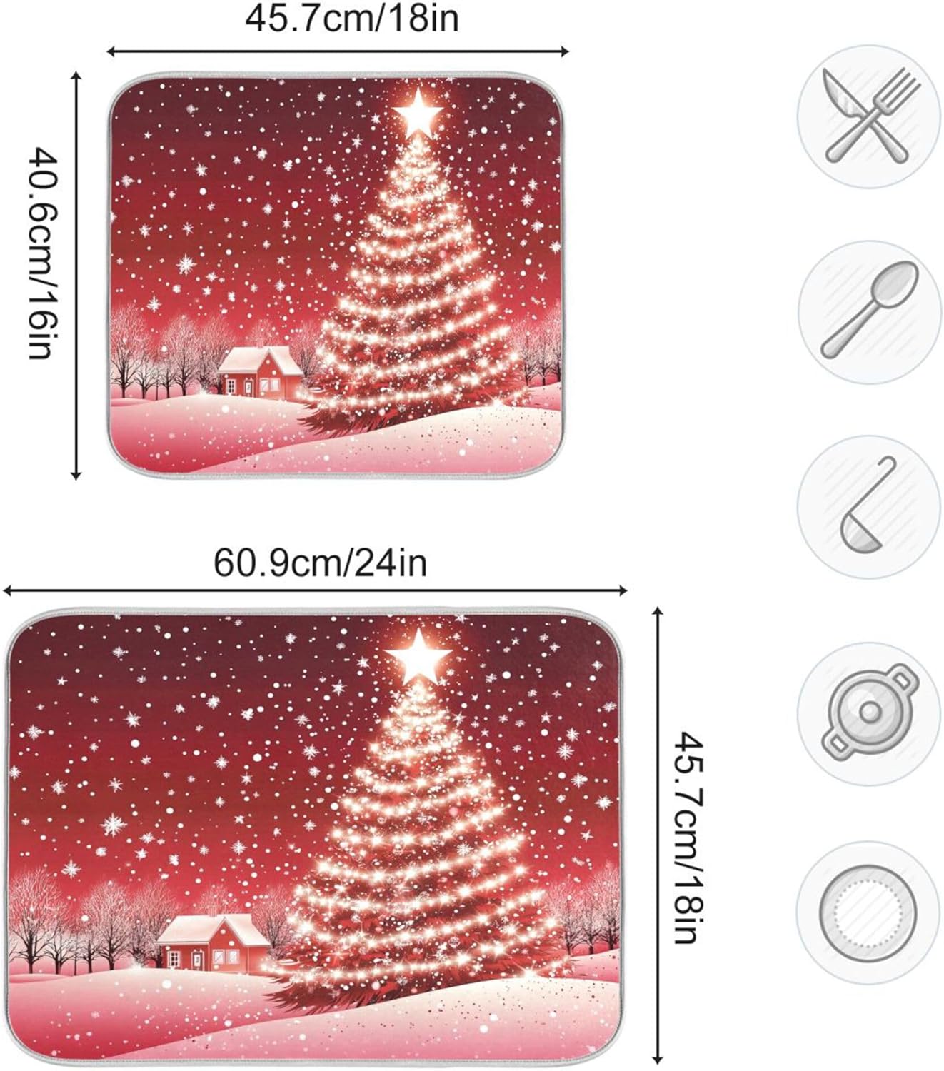 Christmas Tree Red Dish Drying Mat for Kitchen Countertop 18x24 Winter Snow Cabin Xmas Large Drying Mat Reusable Quick Dry Dish Sink Mats Easy Clean Decorative Essentials