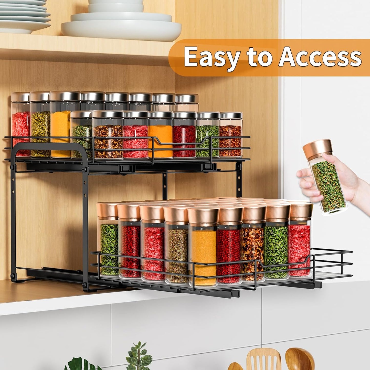 RCHYFEED Spice Rack Organizer for Cabinet, 2 Tier Slide out Spice Organization for Inside Cabinets & Pantry, Heavy Duty Adjustable Metal Spice Racks for Seasoning Organizer (13.5" Wx10.5 Dx9.5 H)