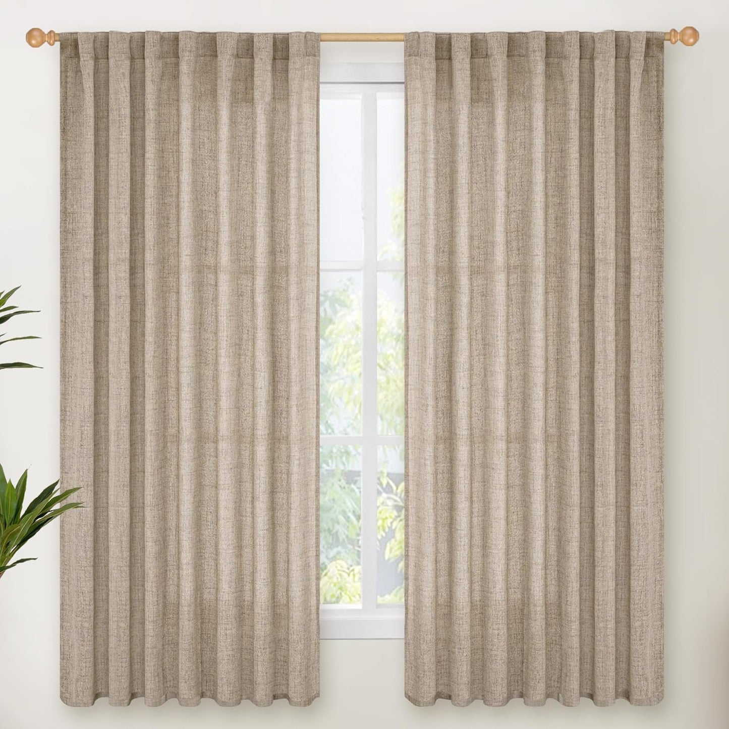 YoungsTex Dark Oatmeal Linen Curtains 63 Inch Length for Living Room, Semi Sheer Light Filtering Window Drapes Extra Wide Rod Pocket Back Tab Curtain for Bedroom, 2 Panels, 60 X 63 Inch