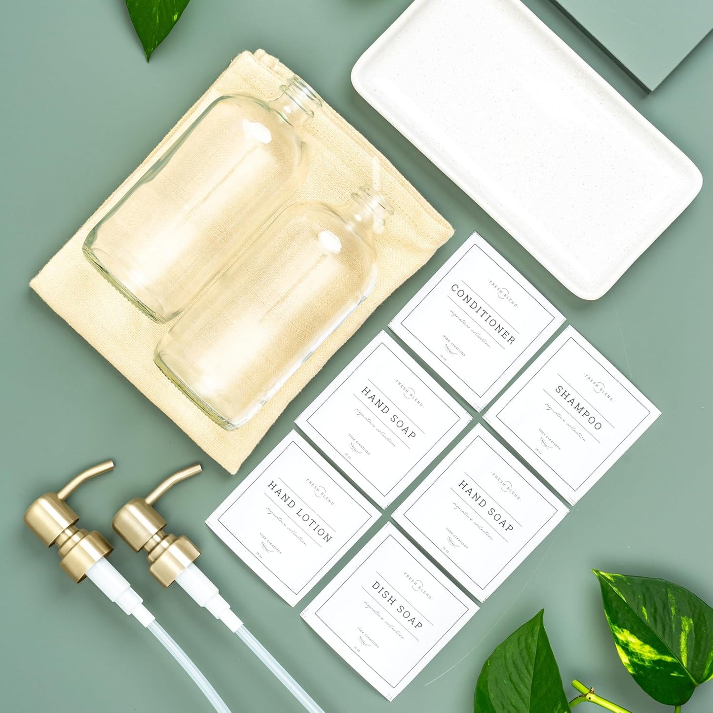 Vine Creations Glass Soap Dispenser, 2 Pack Kitchen Soap Dispenser Set with Ceramic Tray, Stainless Steel Pump, Dish Soap and Hand Soap Dispensers for Bathroom or Kitchen Decor with Waterproof Labels