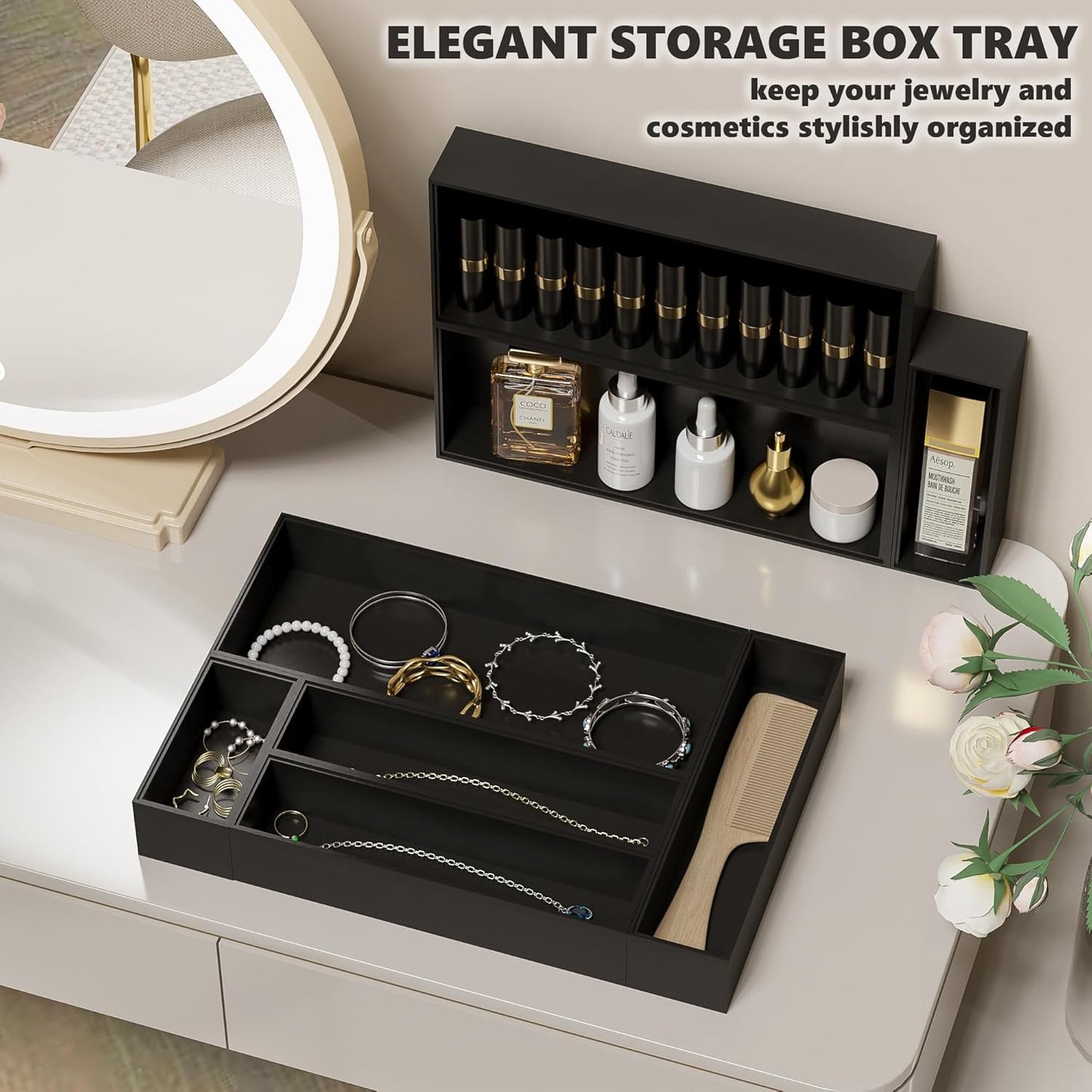 Kitchen Drawer Organizer Bins, Black Bamboo Drawer Organizer Stackable for Silverware, Utensils, Cutlery, Flatware, Junk Drawer, Dresser, Bathroom, 9" x 3" x 2.5" (Set of 2)