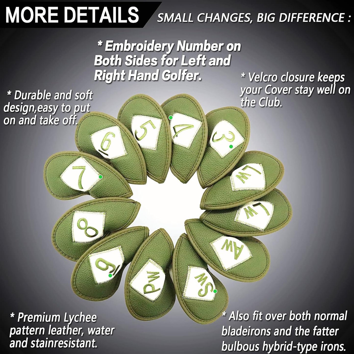 FINGER TEN Premium Synthetic Leather Stylish Iron & Wedge Golf Head Covers Value 12 Piece Set, Embroidered Labels & Fits Most Clubs Gift Set, Travel Protection Accessories