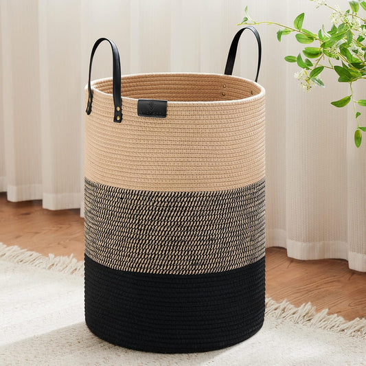 VIPOSCO Tall Laundry Basket, Large Dirty Clothes Hamper with Leather Handle, Woven Rope Storage Basket for Blanket, Toy In Living Room, Bathroom, Bedroom - 72L Brown & Black