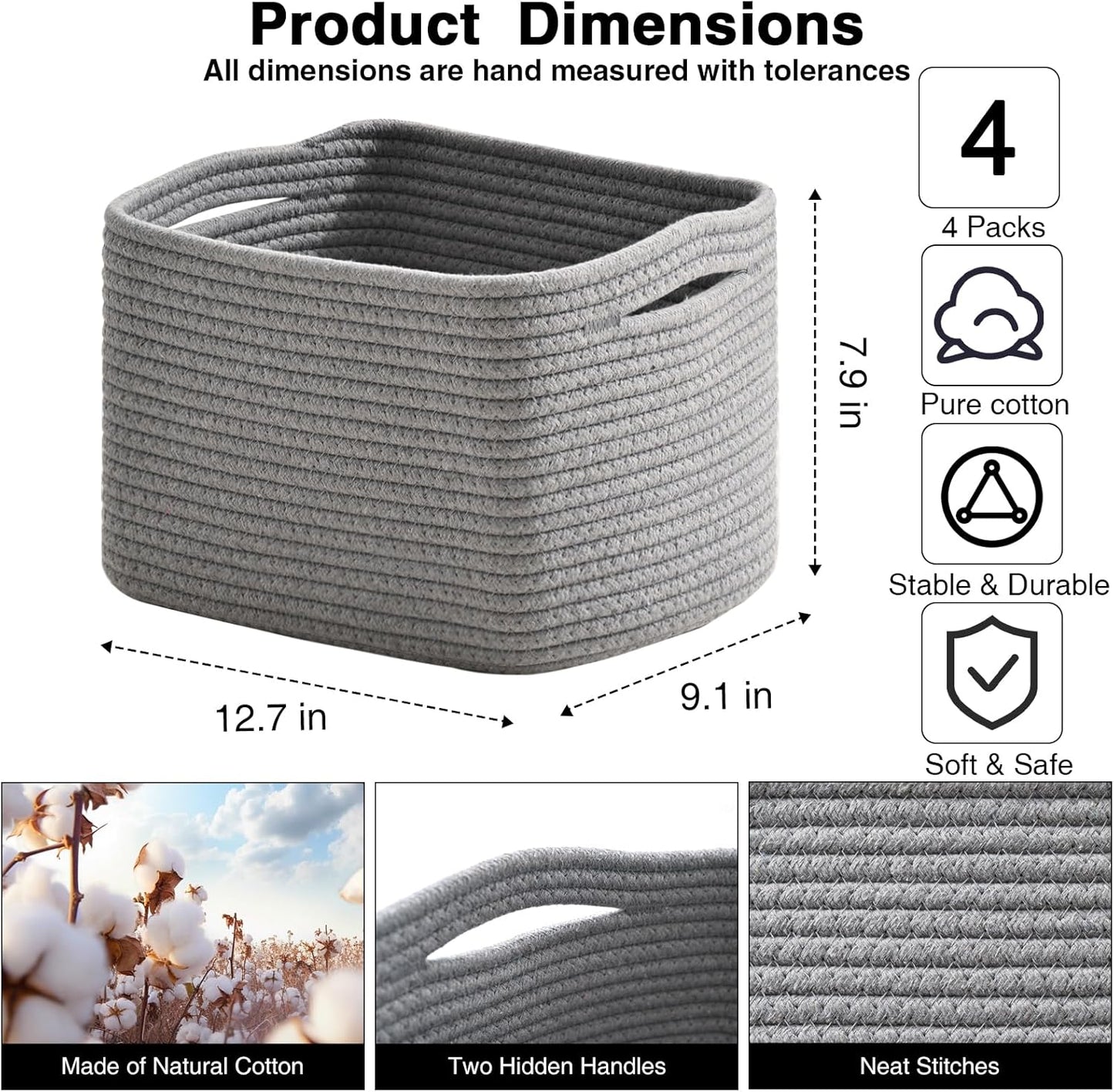 Small Storage Baskets for Organizing, Woven Storage Baskets for Shelves, Cotton Rope Basket for Storage, Cute Rectangular Book Toy Grey Basket, 12.7"×9.1"×7.9", 4 Packs, Grey