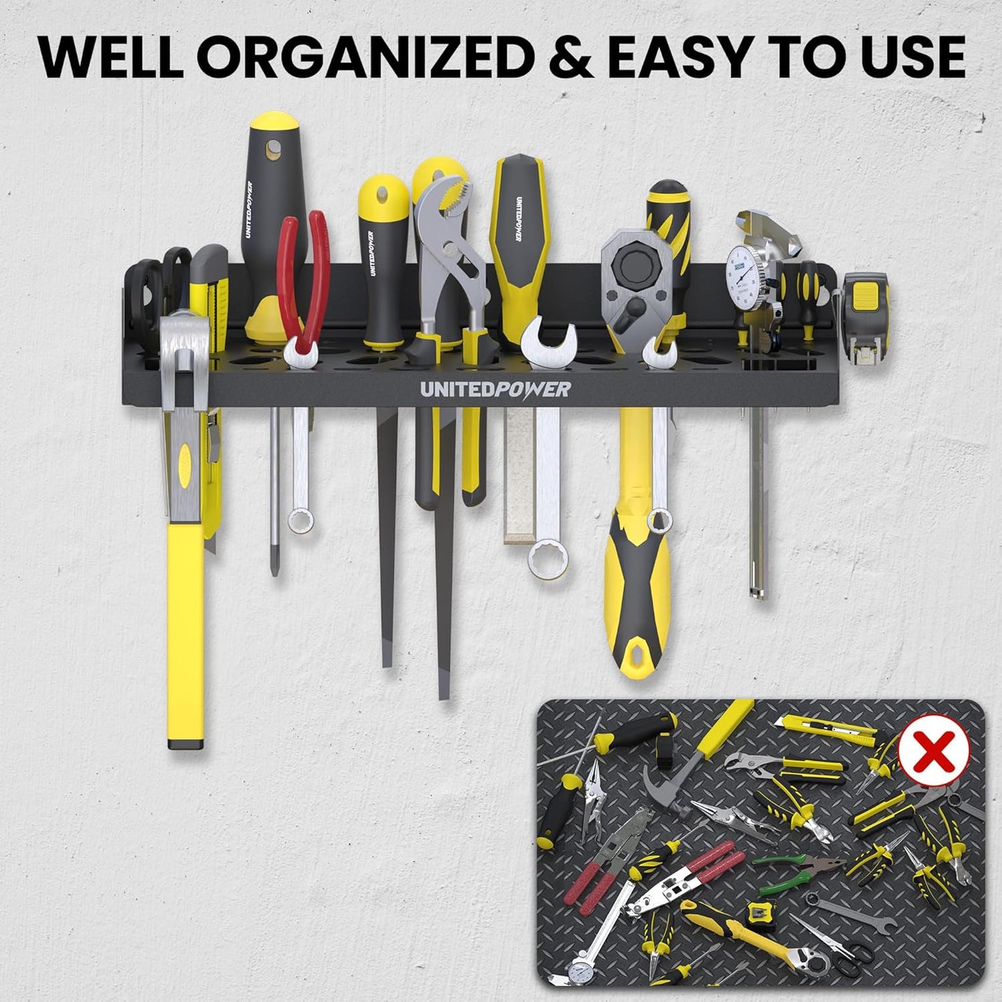 UNITEDPOWER Wall Mount Tool Storage Rack, Screwdriver Holder, Pliers Organizer, Wrench Utility Shelf, 51 Holes for Variety of Small Hand Tools, Workshop, Shed, Garage, Home