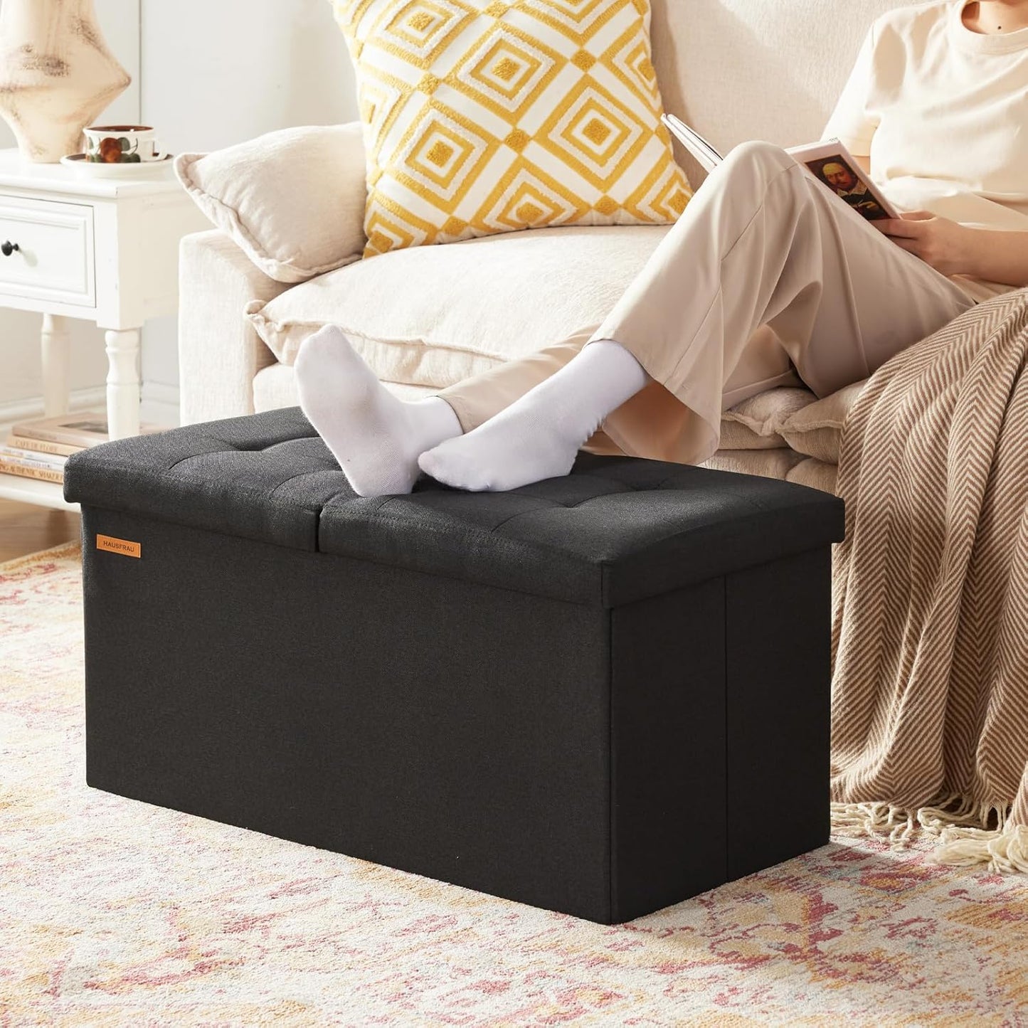 HAUSFRAU - 30 Inches Storage Ottoman Bench with Flipping Lid, Foldable Storage Chest Foot Rest for Living Room, Bedroom, Entryway, Load 660 lb, Linen Black