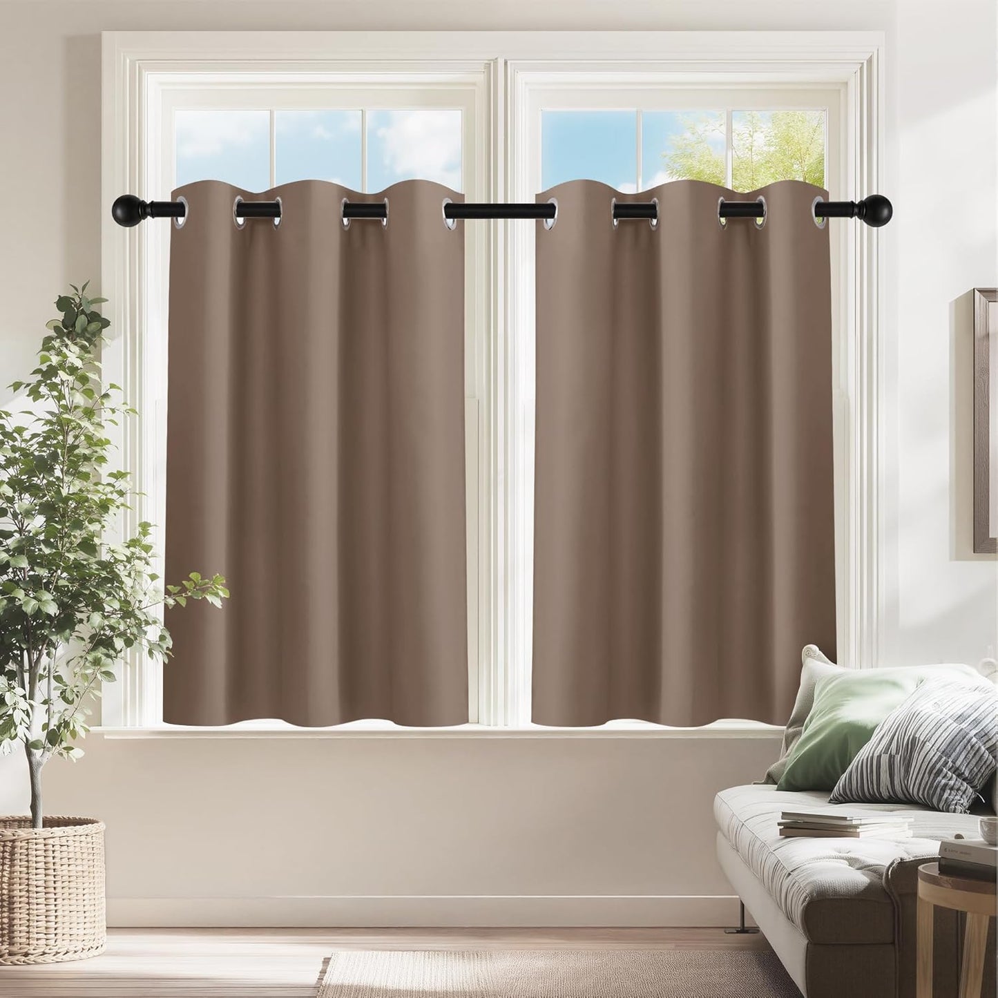 PONY DANCE Kitchen Window Curtains Short 36 inch Length, Blackout Privacy Half Window Drapes for Bedroom Bathroom Dining Living Room Cafe Office(2 Panels, W 42 x L 36 inches, Mocha)