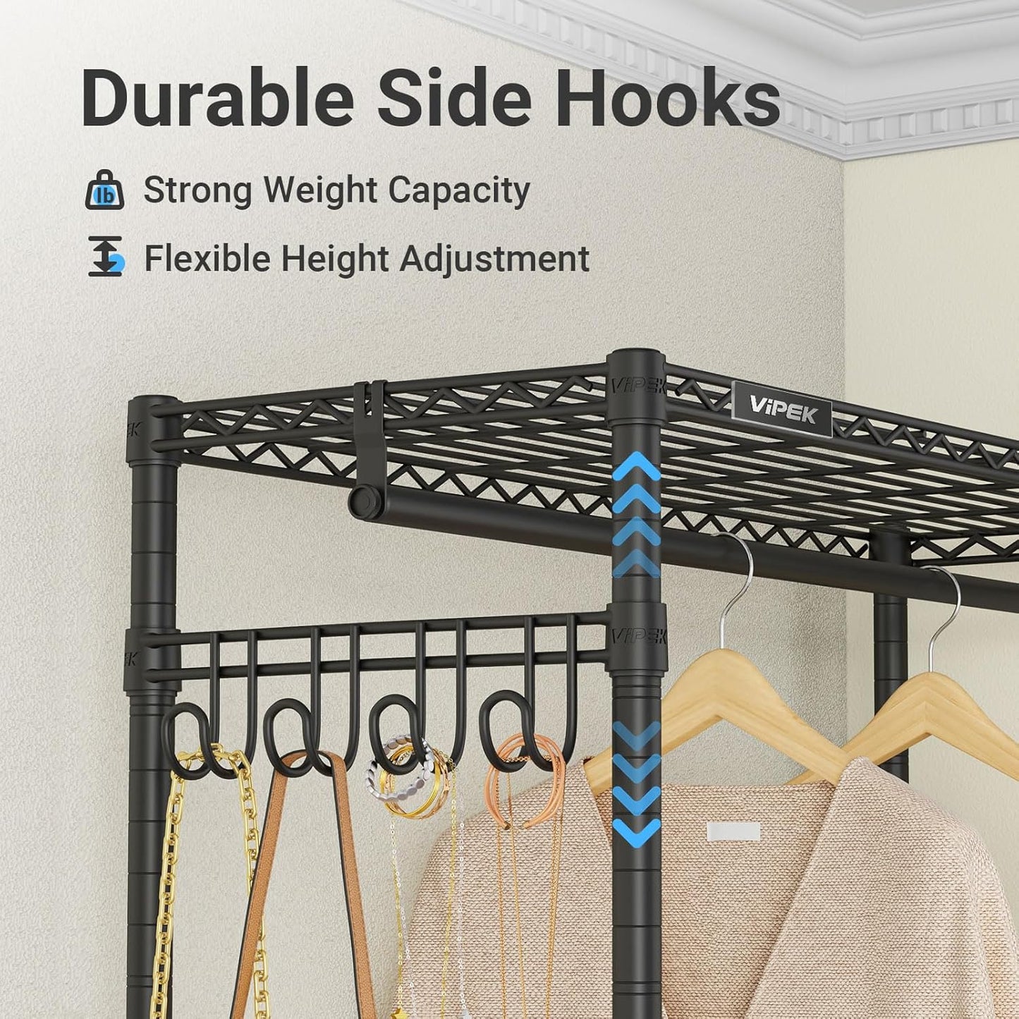 VIPEK L4 Garment Rack L Shaped Clothes Rack for Corner, Freestanding Portable Wardrobe Closet Heavy Duty Clothing Rack with 3 Hanging Rods & 2 Side Hooks, 43.3"Lx29.1"Wx76.4"H, Max Load 810LBS, Black