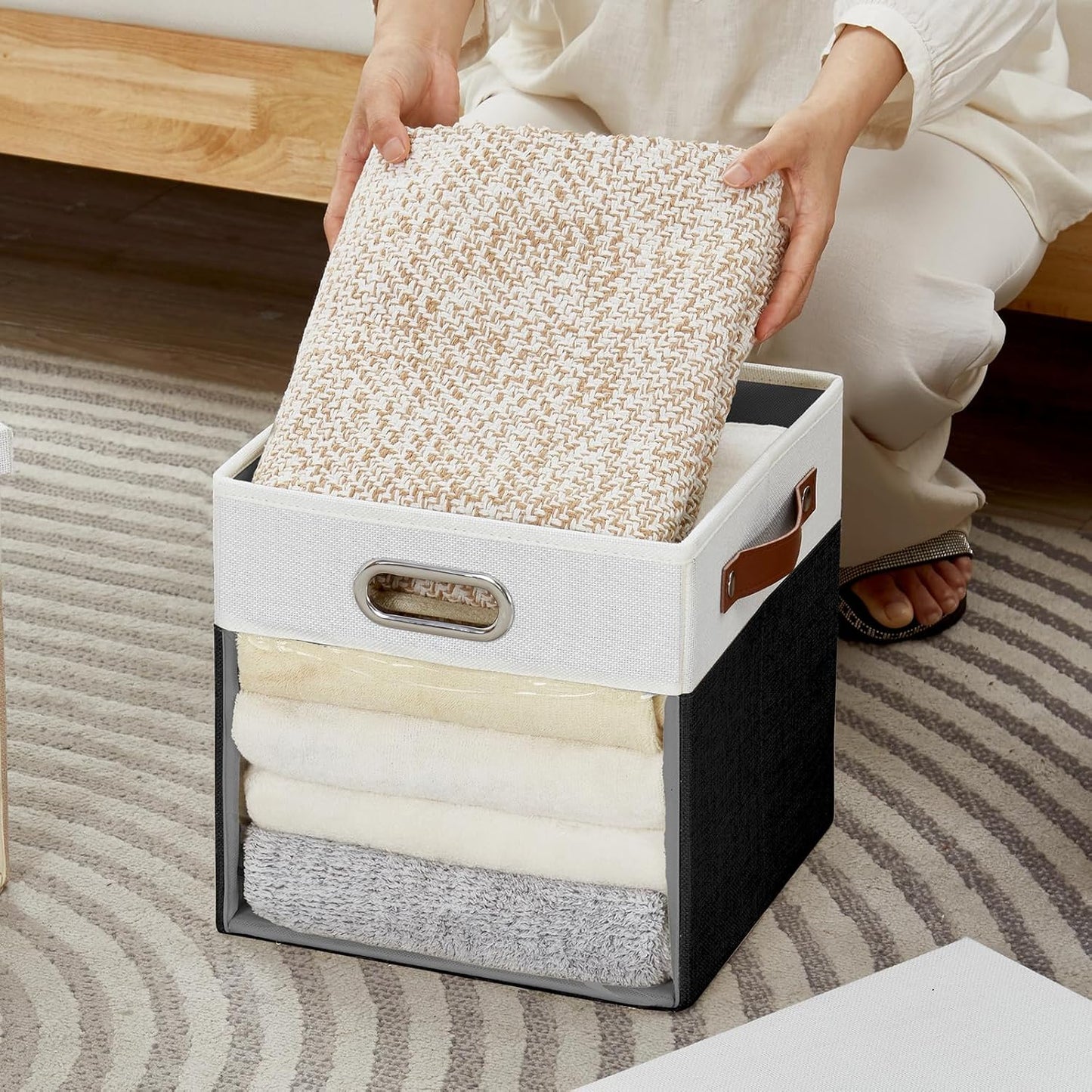 Fabric Storage Cubes with Clear Windows and Lids 11'' Foldable Storage Bins with 3 Handles, Decorative Storage Boxes for Home, Bedroom, Closet, Office (Balck & White)