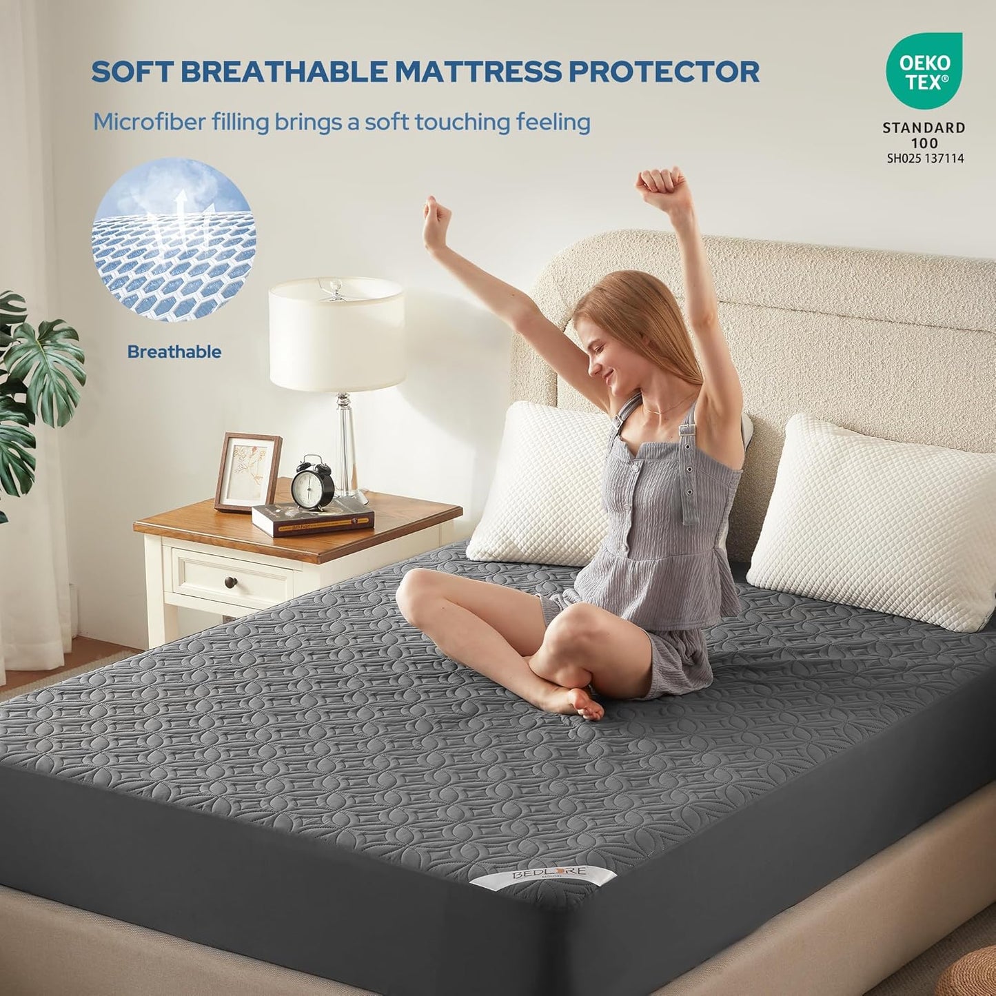 BEDLORE Waterproof Mattress Protector, King Size Mattress Pad with Deep Pocket 6"-18" Depth, Soft Noiseless Dirt-Proof Bed Mattress Cover Washable for Home, Bedroom, Hotel (Gray)