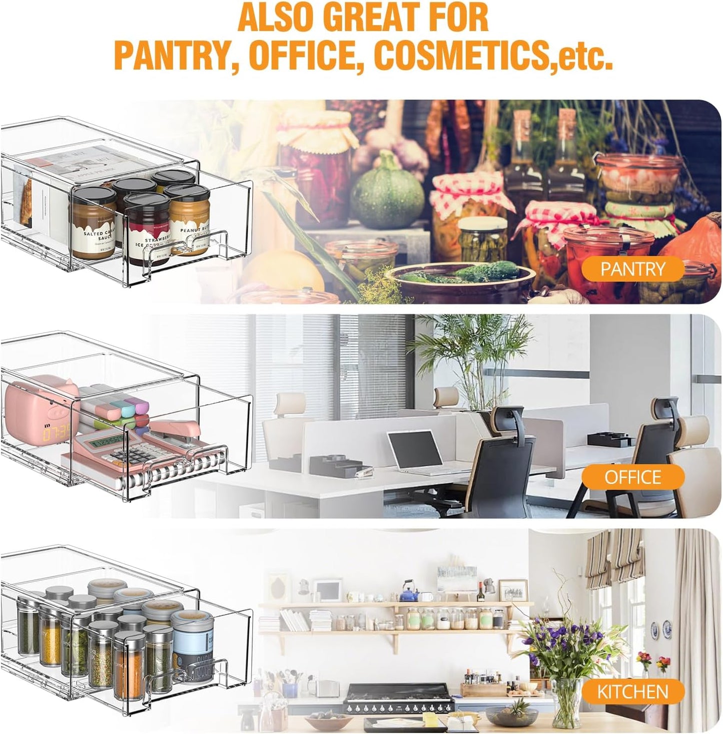 2 Pack Stackable Storage Drawers - Clear Refrigerator Drawers for Refrigerator Organizers and Storage, Acrylic Fridge Drawer Organizer with Handles for Bathroom, Undersink, Cabinet, Pantry, etc