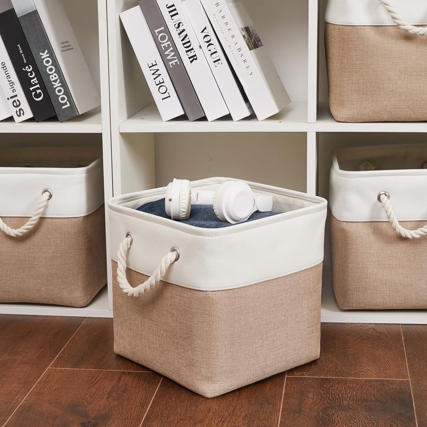 11 x 11 Inch Storage Cubes, 6 Pack Large Collapsible Fabric Storage Bin with Ropes, Foldable Storage Cubes for Home, Office,Closet, Clothes, Toys Organizer (White&Beige)