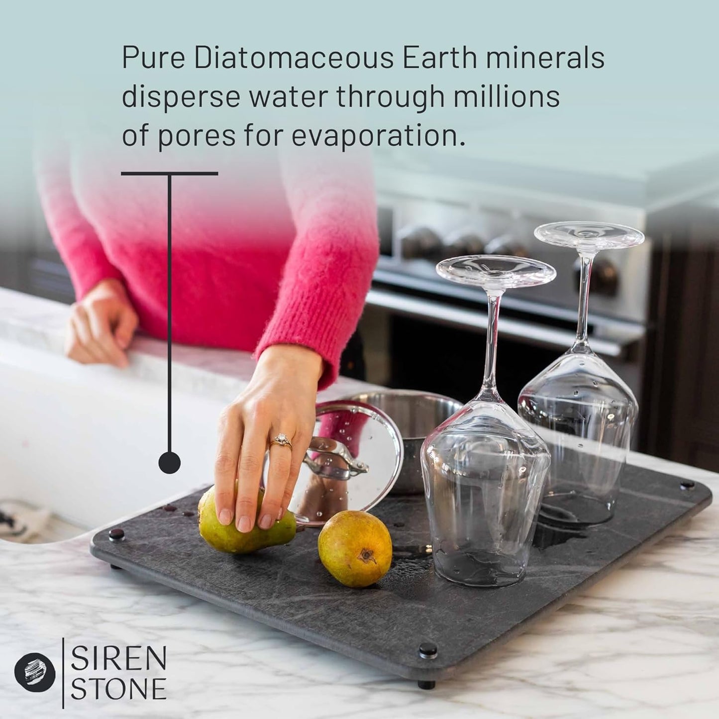 LARGE Siren Stone Natural Dish Drying Mat for Kitchen Counter - Premium Diatomaceous Earth Mat | Quick Drying, Super Absorbent | Non-Toxic, BPA-Free, Eco-Friendly | Female-Founded USA Brand (18"x14")