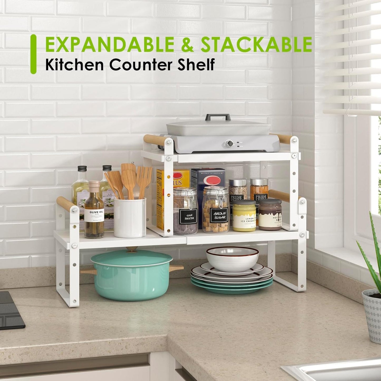 DOLALIKE Expandable kitchen Countertop Organizer, Stackable Cabinet Shelf Organizers, Space Saving Spice Rack Pantry Storage for Bathroom Office Organization (6.9''D*13-19.7''W*7.9''H, White)