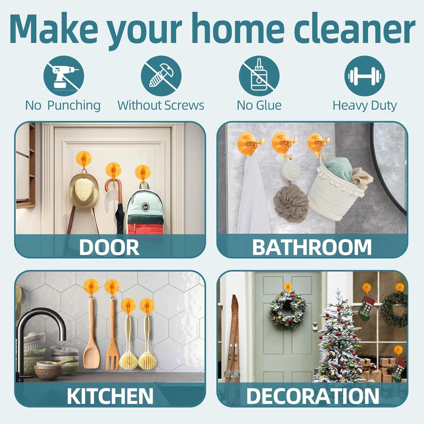 Antimbee Suction Cup Hooks,10 Pack Wreath Hangers for Front Door, Removable Small Suction Cups for Shower, Bathroom, Glass, Door, Windows, Kitchen-Up to 11 lbs on Smooth Surface (Transparent Orange)