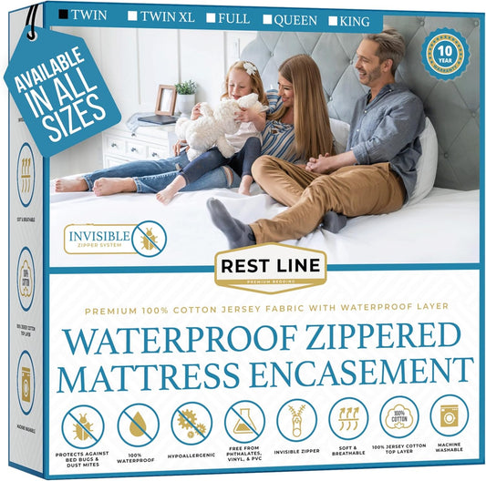 Twin Size 39x75” Premium Waterproof Zippered Mattress Encasement, 100% Cotton, Hypoallergenic, Six Sided Mattress Cover, Invisible Zippered, Soft & Breathable up to 15" Deep - Rest Line