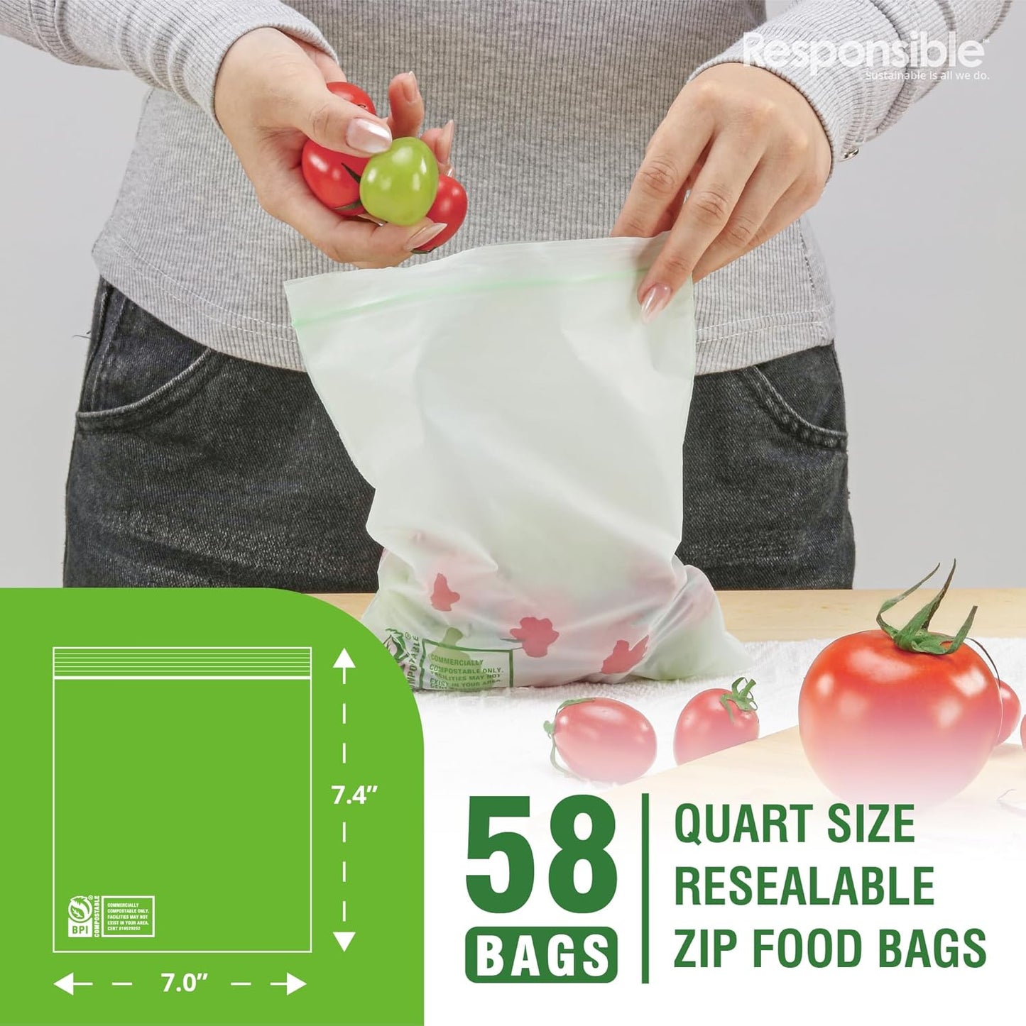 Responsible Products Certified Compostable QUART Resealable Zip Bag, Extra Strength Food Bags, Plant-Based Freezer-Safe (58 Pack)