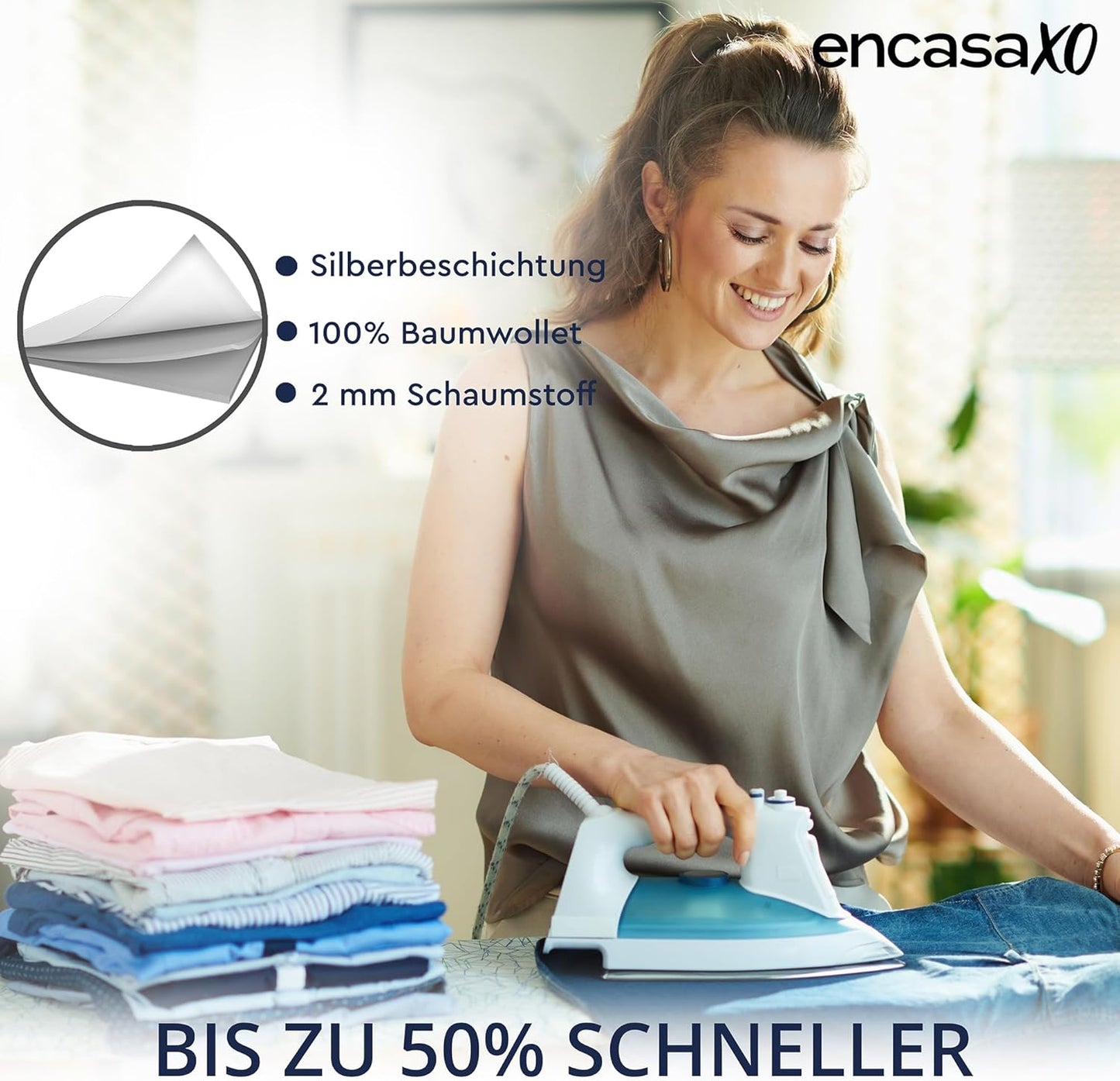 Encasa XO Ironing Board Cover and Pad 28"x12" - Thick 2mm Foam Padding, Drawstring Tightening & Lock, Heat Reflective, Scorch & Stain Resistant, Mini Ironing Board - Silver Premium