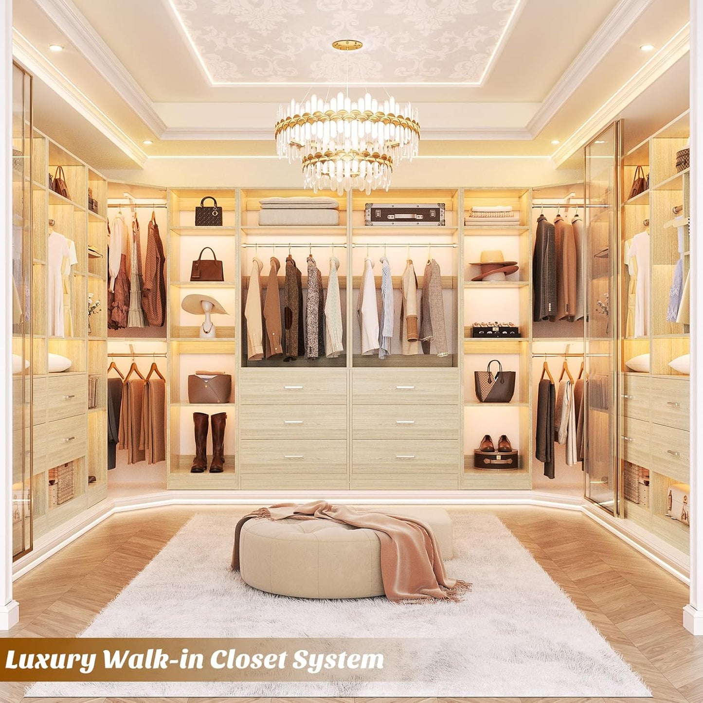 Corner Closet System with 6 Drawers, Closet Organizer System with 14 Shelves & 4 Hanging Rods, 87.2"L * 39.2"W / 63.2"L * 63.2"W Reversible L Shaped Walk-in Closets, Load 2500+LBS, White Oak