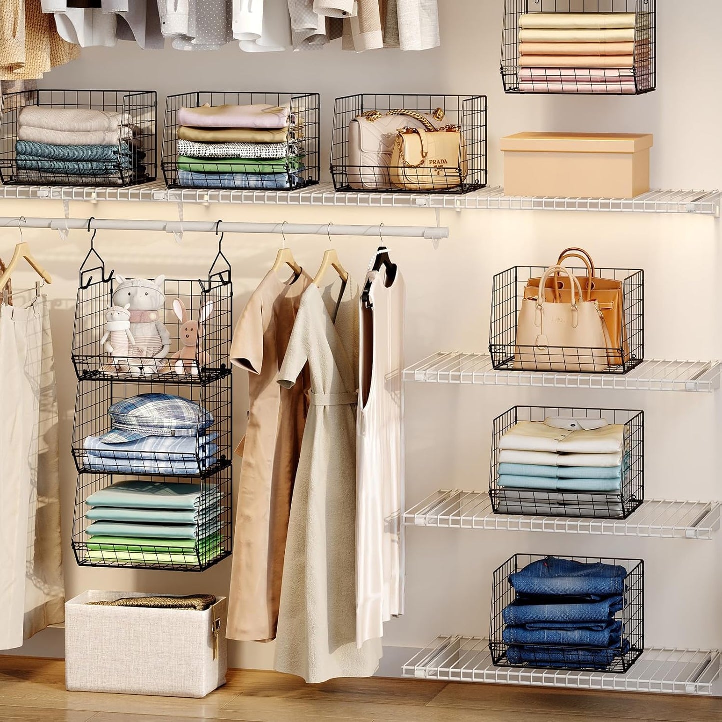 X-cosrack 3-Tier Hanging Storage Organizer for Closet, Laundry & Utility Room | Space Saving Shelves with 1.65" Hook & 5 S-Hooks | Hanging Wire Baskets (12.4" W x 8.8" H x 10.24-11.8" D)