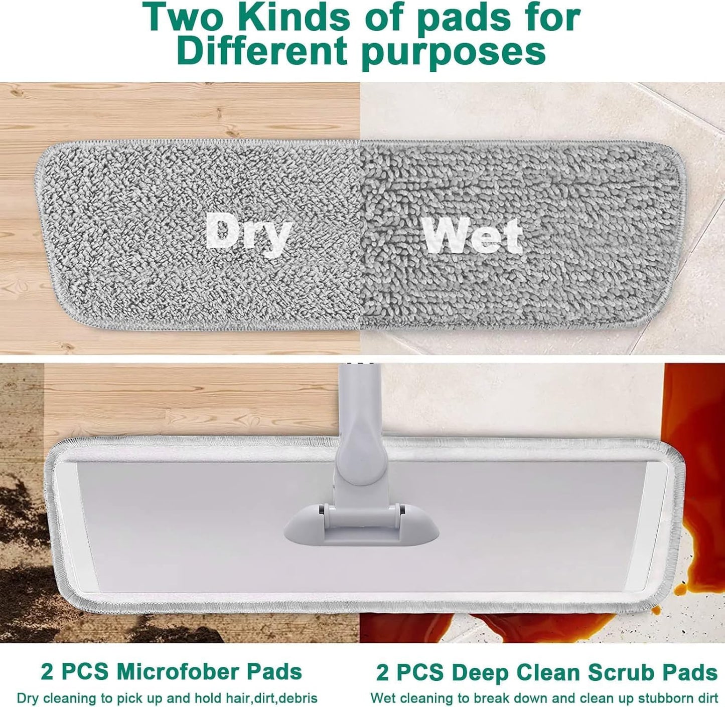 18" Professional Microfiber Mop Floor Cleaning System, Flat Mops with Stainless Steel Handle, 4 Reusable Washable Mop Pads, Wet and Dust Mopping for Hardwood, Vinyl, Laminate, Tile Cleaning (White)