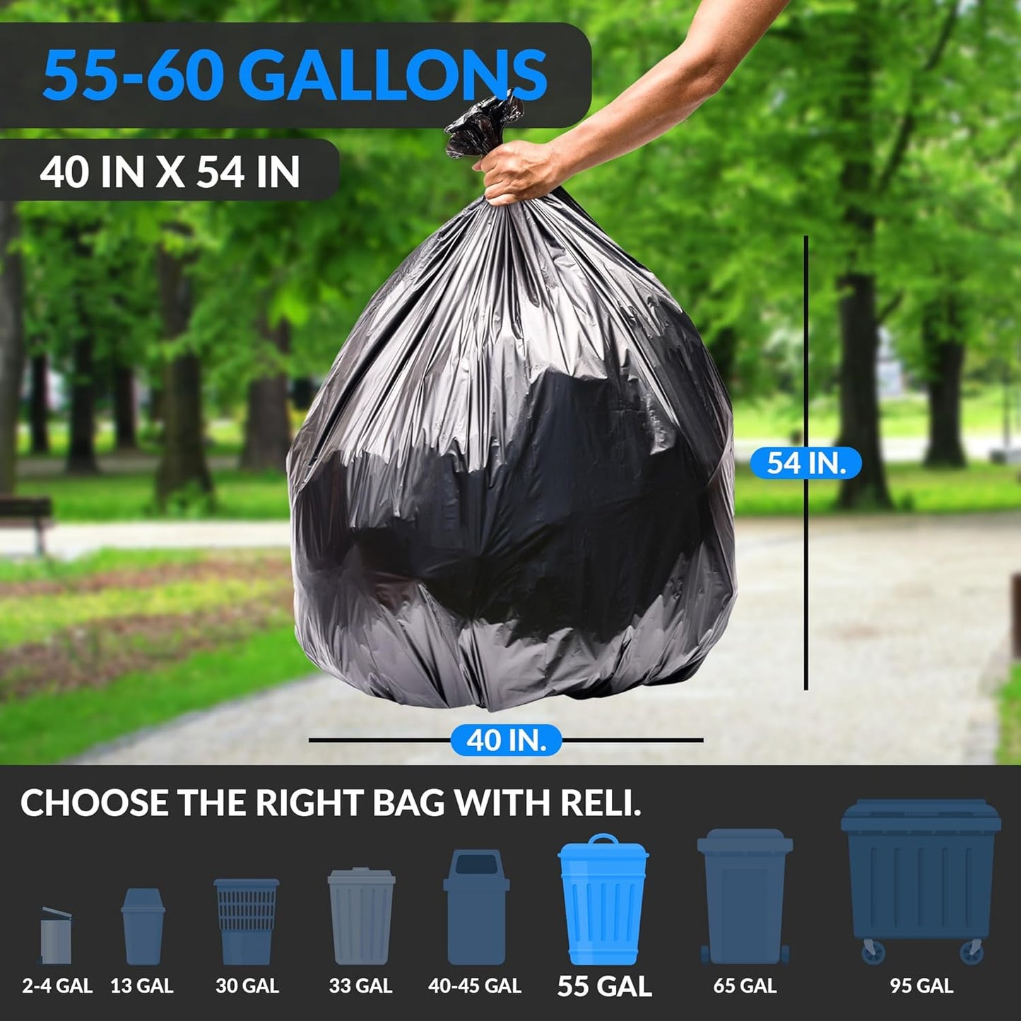 Reli. 55-60 Gallon Trash Bags Heavy Duty | 150 Count | 50-60 Gallon | Large Black Garbage Bags | Made in USA