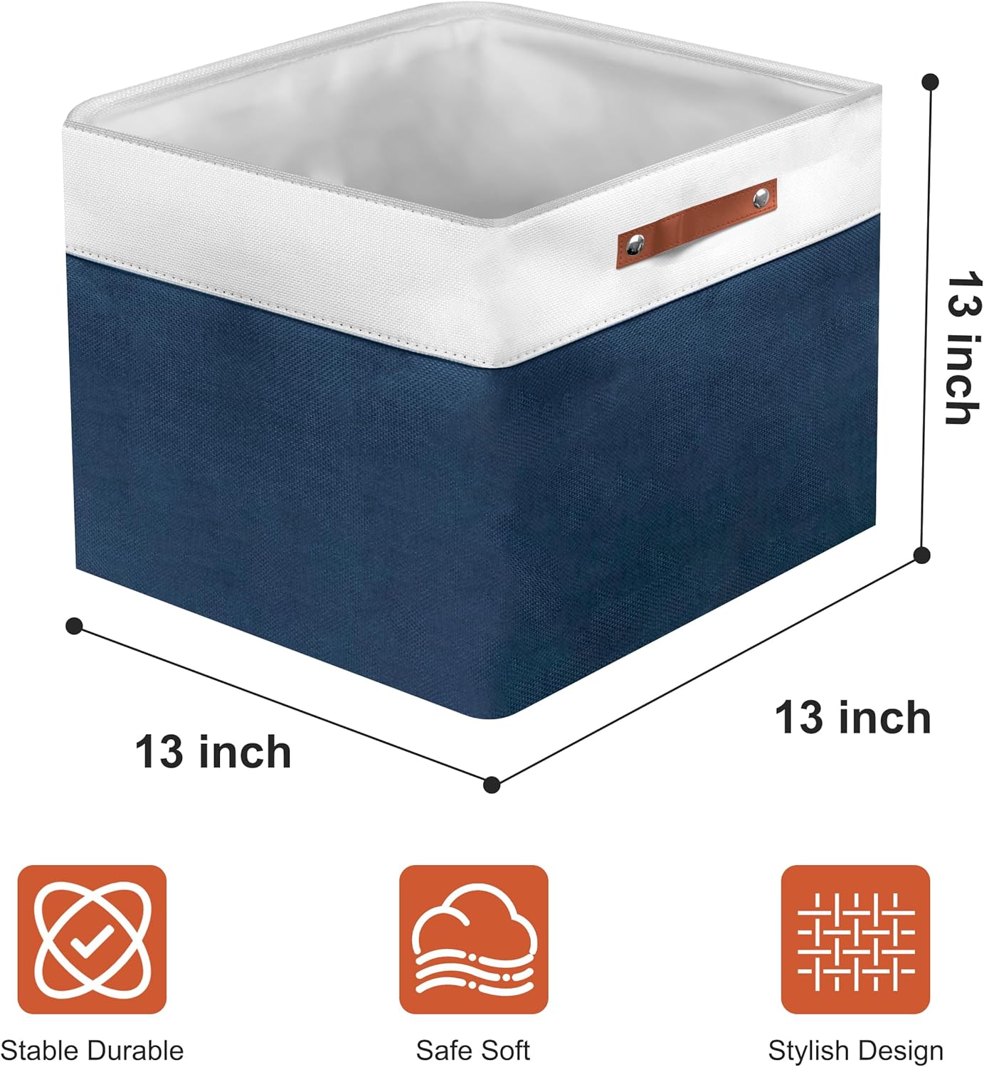 13in Open Fabric Storage Basket with Leather Handles for Organizing, Collapsible Linen Closet Bins for Shelves, Closets, Laundry, Decorative Basket for Gifts. (White＆Blue, 2PCS/13x13in)