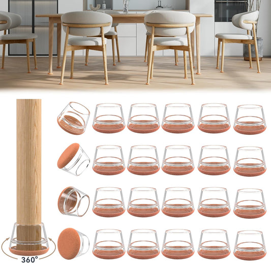 24PCS Upgraded Silicone Chair Leg Floor Protectors for Hardwood Floors, Furniture Sliders for Chair Legs, 360°Felt Pad Bottom Wrapped Thickening Furniture Pads Cap Covers to Scratch and Reduce Noise